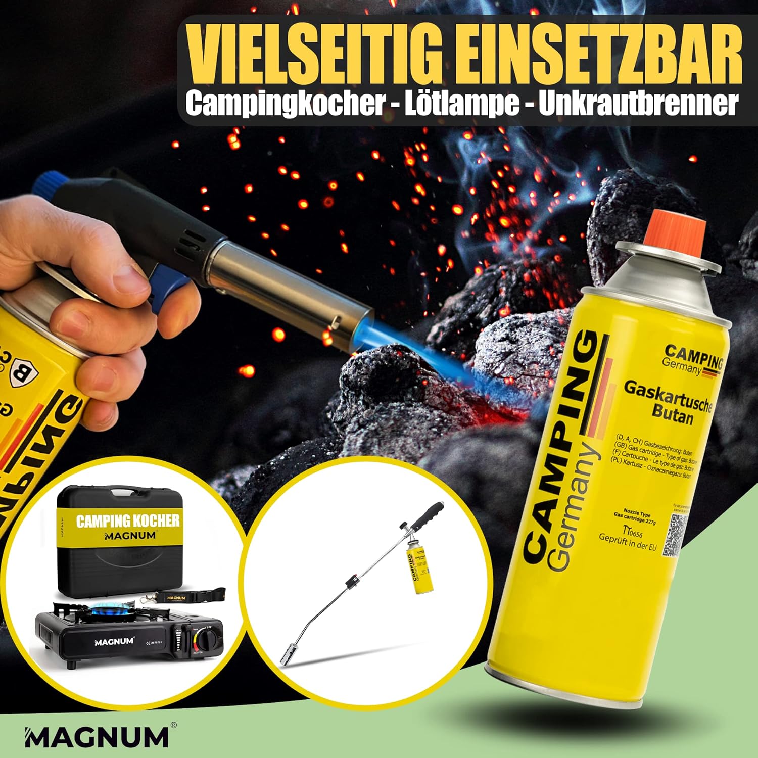 Magnum® 12 x Gaskartuschen 227 g (Hergestellt in Europa) (MSF-1a-Ventil) | Butangaskartusche, Campingkocher, Gasherd, Grill, Gasheizung, Unkrautbrenner, 227 g, Bajonettkartusche – Bild 4