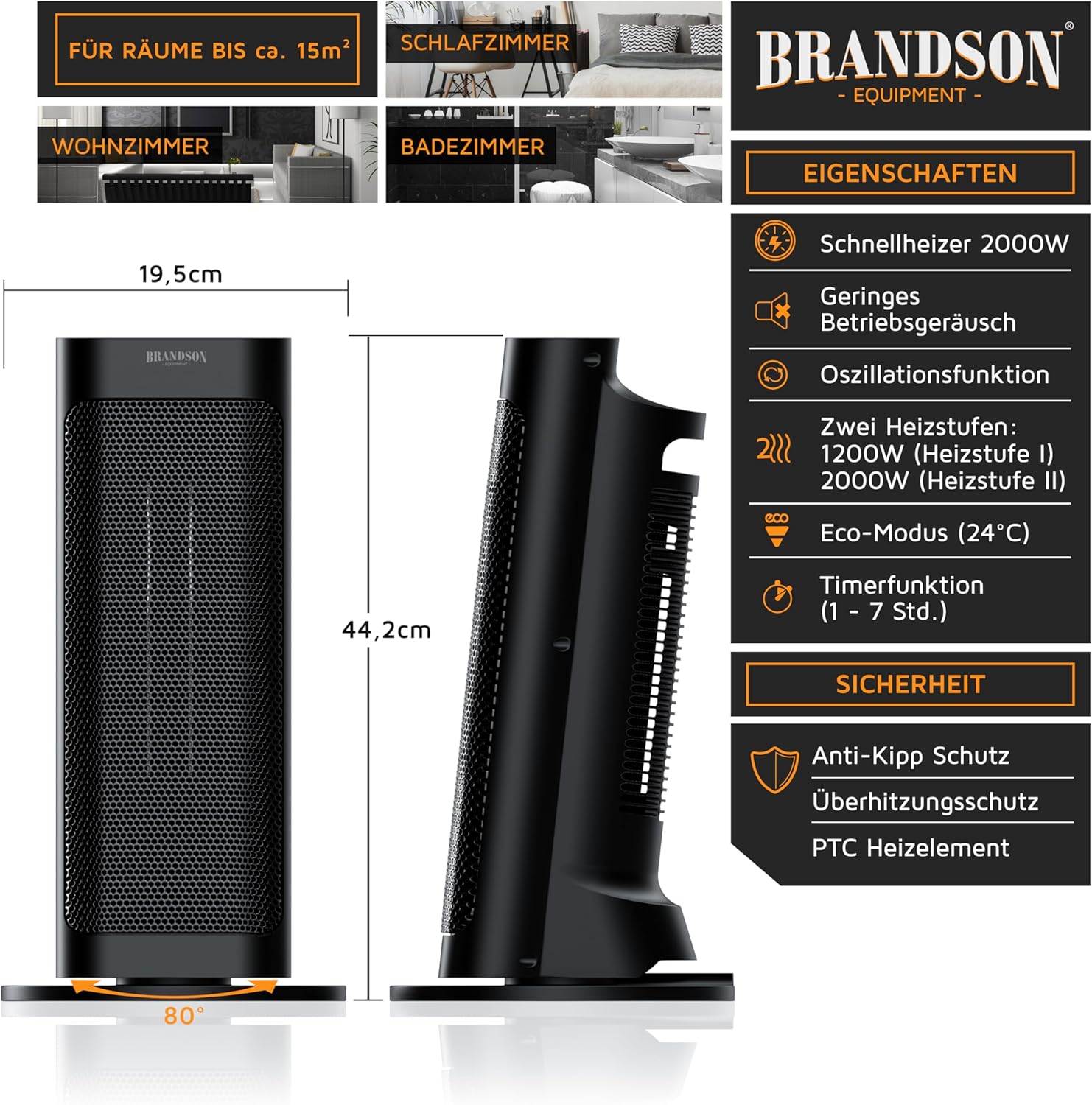 Brandson Heizlüfter mit Fernbedienung, leise, 2.000 W, Keramikheizung für das Badezimmer, Oszillation, Eco-Modus, 2 Heizstufen, hohe Sicherheit – Bild 2