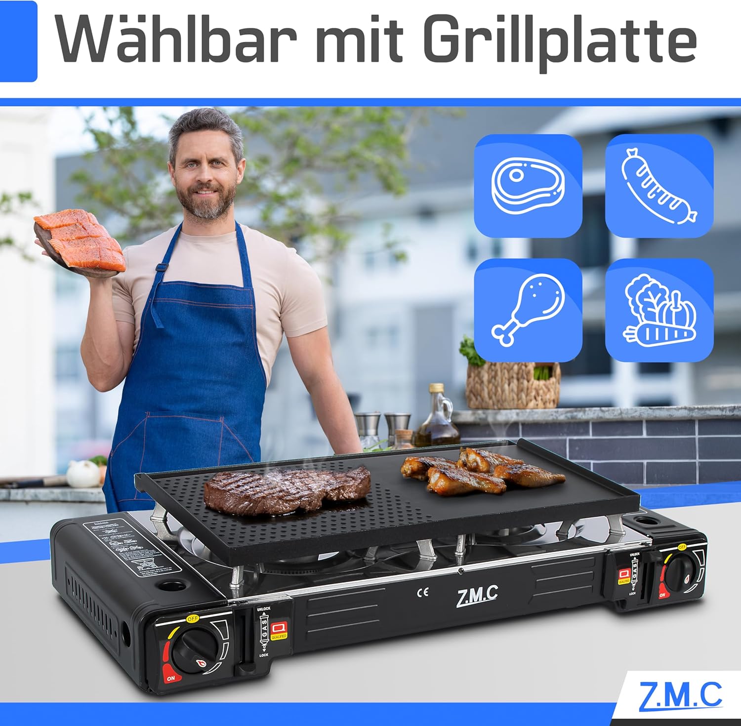 ZMC Gaskocher 2-flammig, 2 x 2,5 kW, LPG-Adapter + Aufbewahrungskoffer, Campingkocher mit Piezo-Zündung, optional mit Grillplatte und Gaskartuschen, 227 g, für den Außen- und Innenbereich – Bild 7