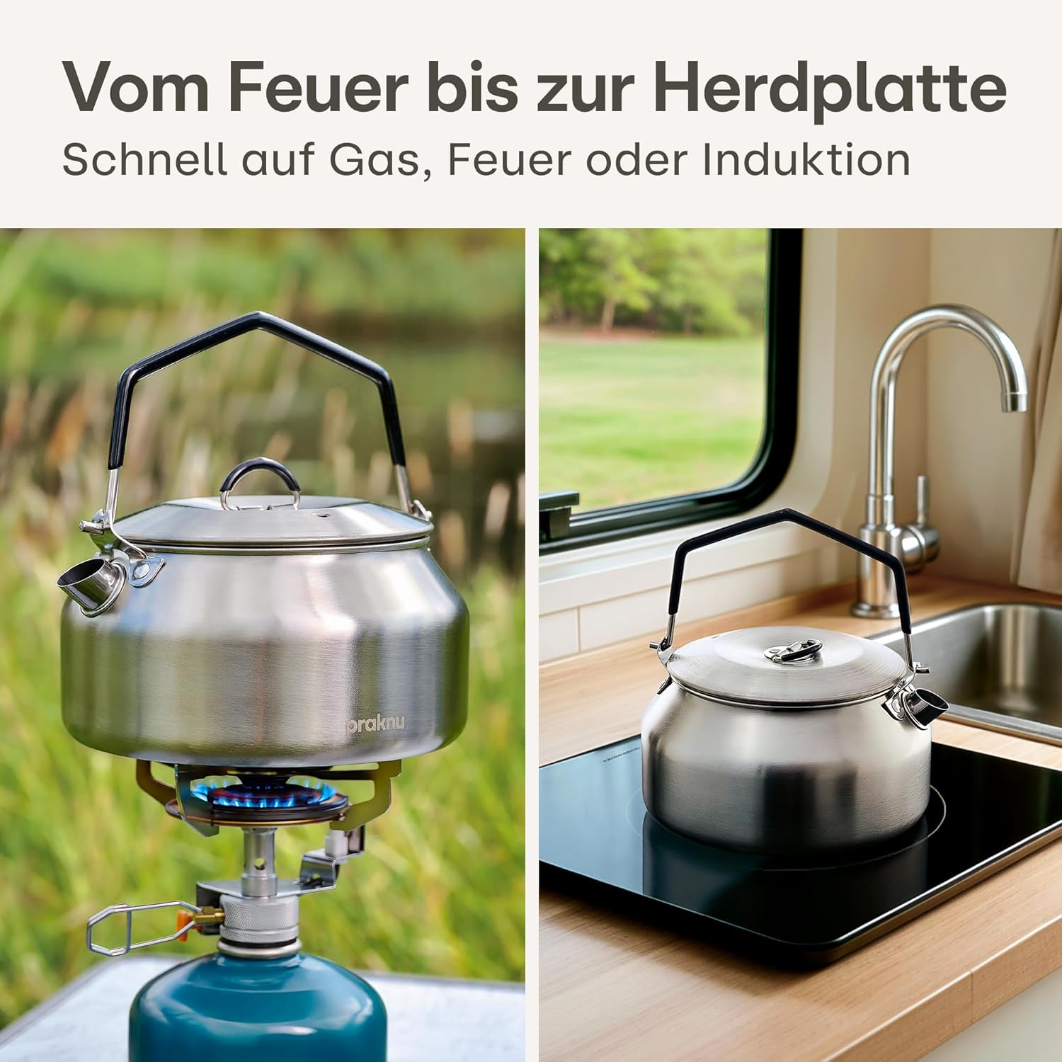 Praknu Camping-Wasserkocher-Set 1 L aus Edelstahl – ohne Strom – Wasserkocher, Tasse, Teesieb & Beutel – stapelbar – Feuer, Gasherd – hitzebeständiger Silikongriff – spülmaschinenfest – Bild 3