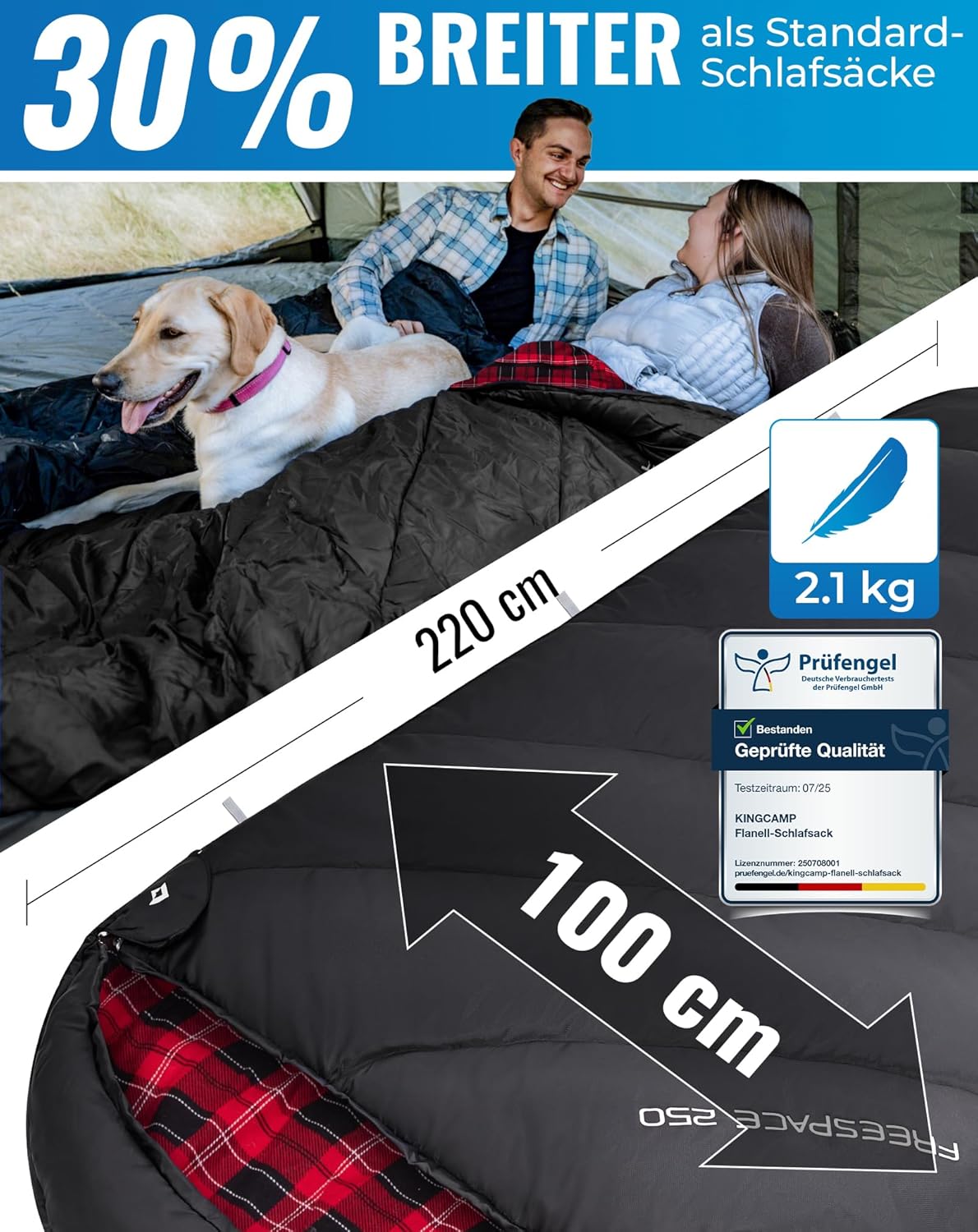 KingCamp Schlafsack XXL Baumwolle Flanell Erwachsene Übergröße | Deckenschlafsack für Winter&Sommer.Extra breit 220x100cm für Bewegungsfreiheit.Ideal Camping Outdoor – Bild 2