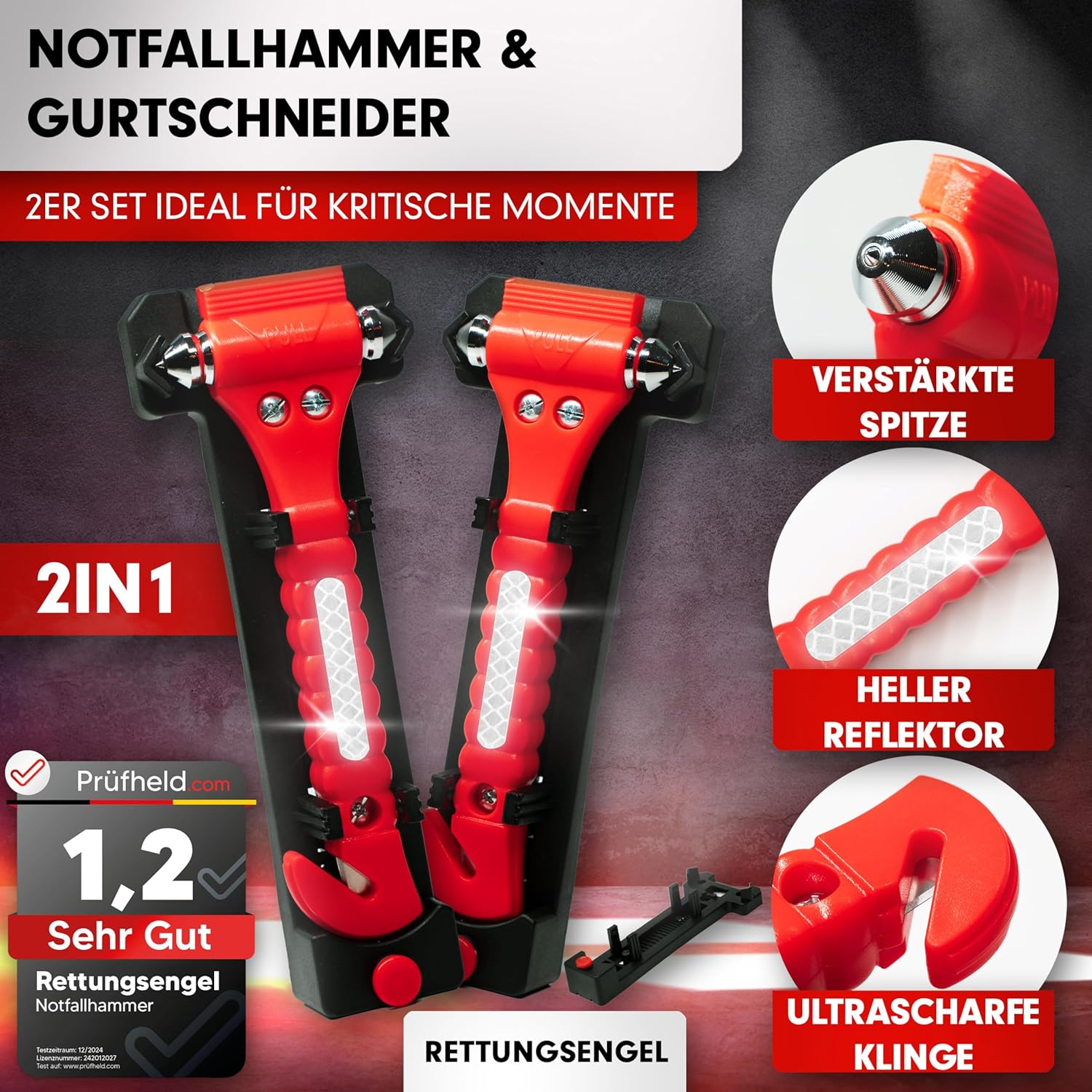 2-in-1-Nothammer mit Sicherheitsgurtschneider für das Auto (2er-Set) | Gehärtete Spitzen, Testsieger, inklusive Reflektor | Nothammer-Gürtelmesser als Rettungsgerät im Notfall für Fenster – Bild 2
