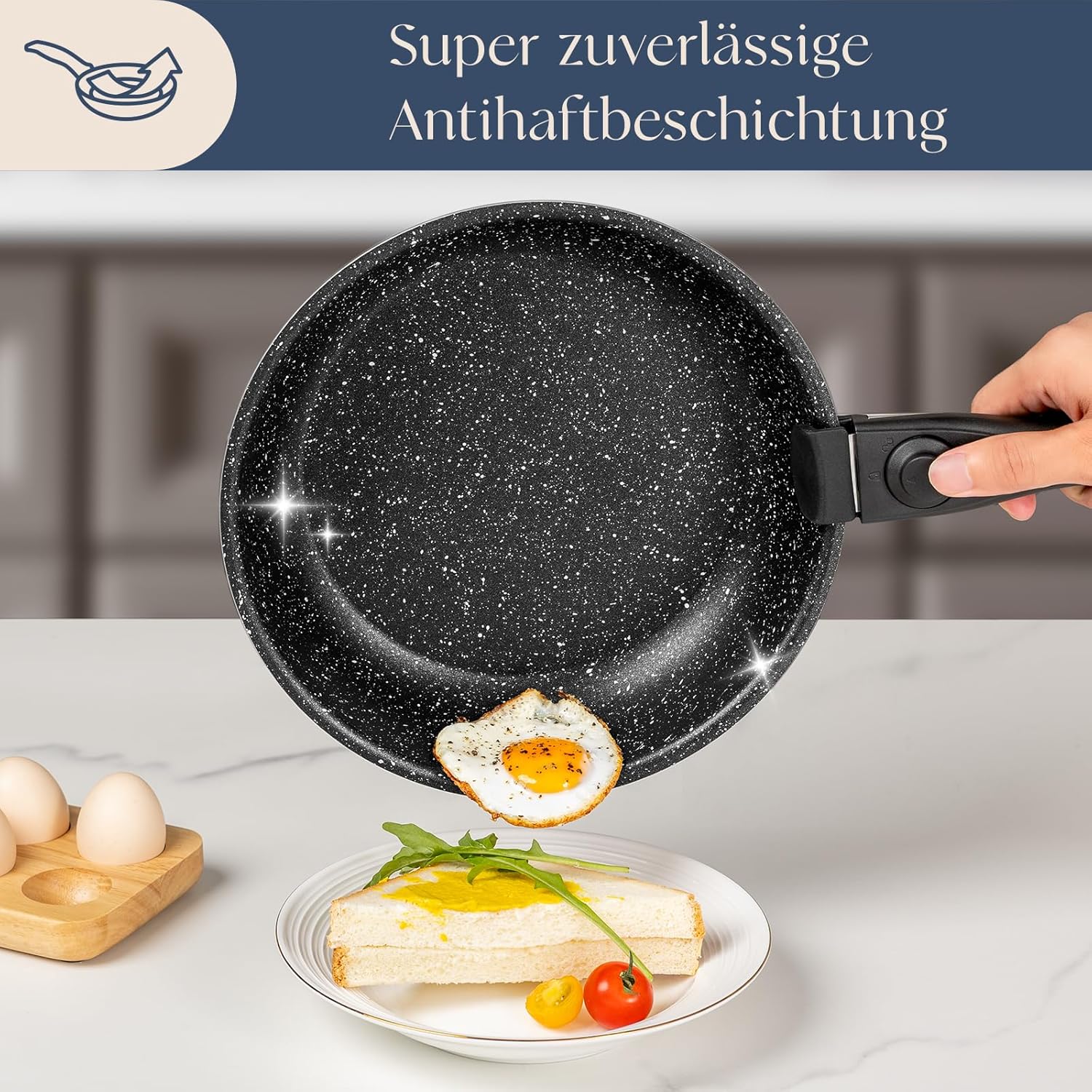 Pfannenset mit abnehmbarem Griff, Induktionspfannen, Bratpfanne mit Antihaftbeschichtung, 7-teiliges Set, 20 + 24 + 28 cm Platzsparpfannen, Pfannenset für alle Herdarten, Spülmaschinen, ofenfest (Grau) – Bild 3