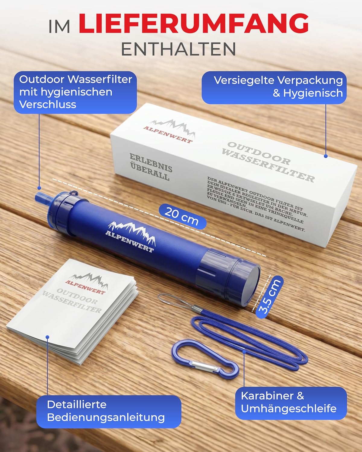 ALPENWERT Outdoor Wasserfilter – Trinkwasserfilter für 4000 Liter gefiltertes Wasser – Trinkwasseraufbereitung tötet 99,99 % aller Keime und Bakterien ab – Bild 2