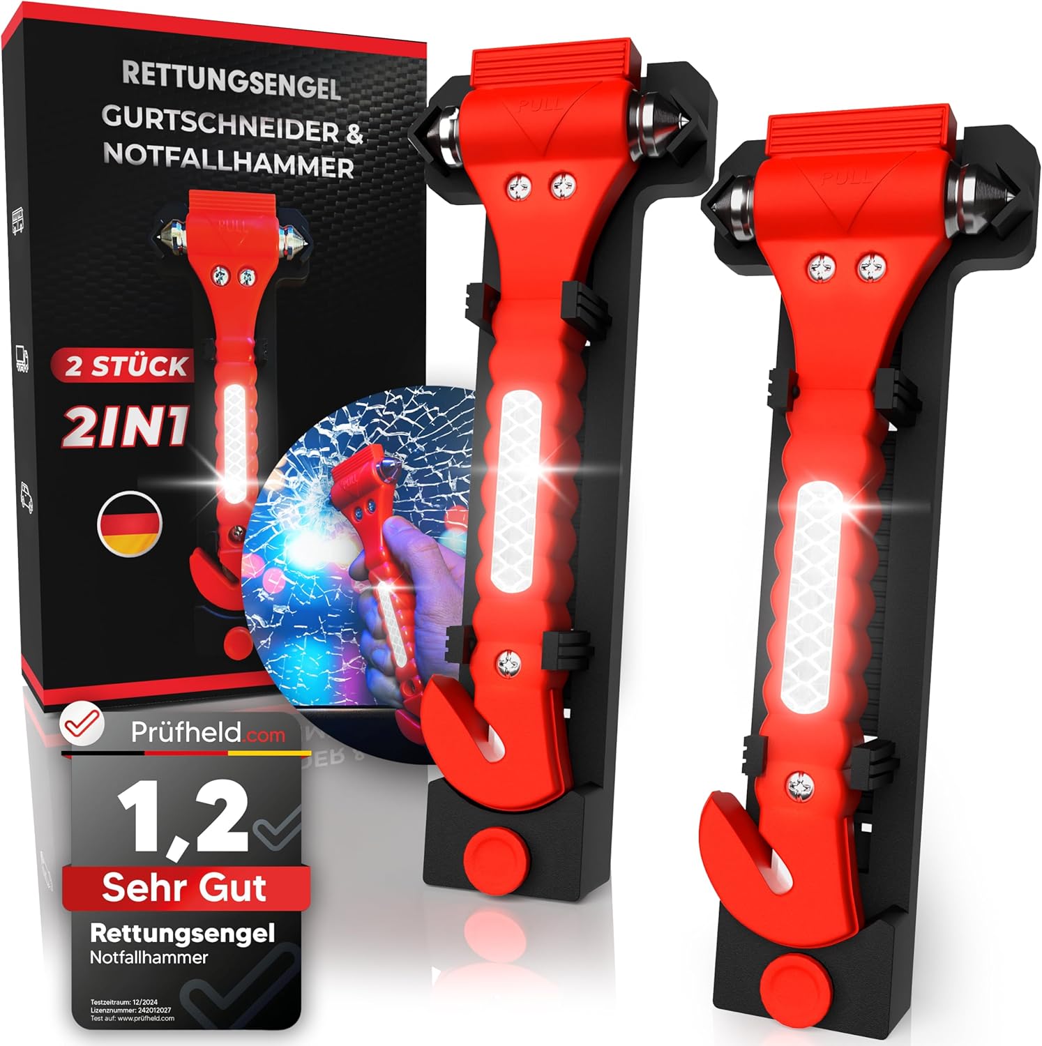 2-in-1-Nothammer mit Sicherheitsgurtschneider für das Auto (2er-Set) | Gehärtete Spitzen, Testsieger, inklusive Reflektor | Nothammer-Gürtelmesser als Rettungsgerät im Notfall für Fenster
