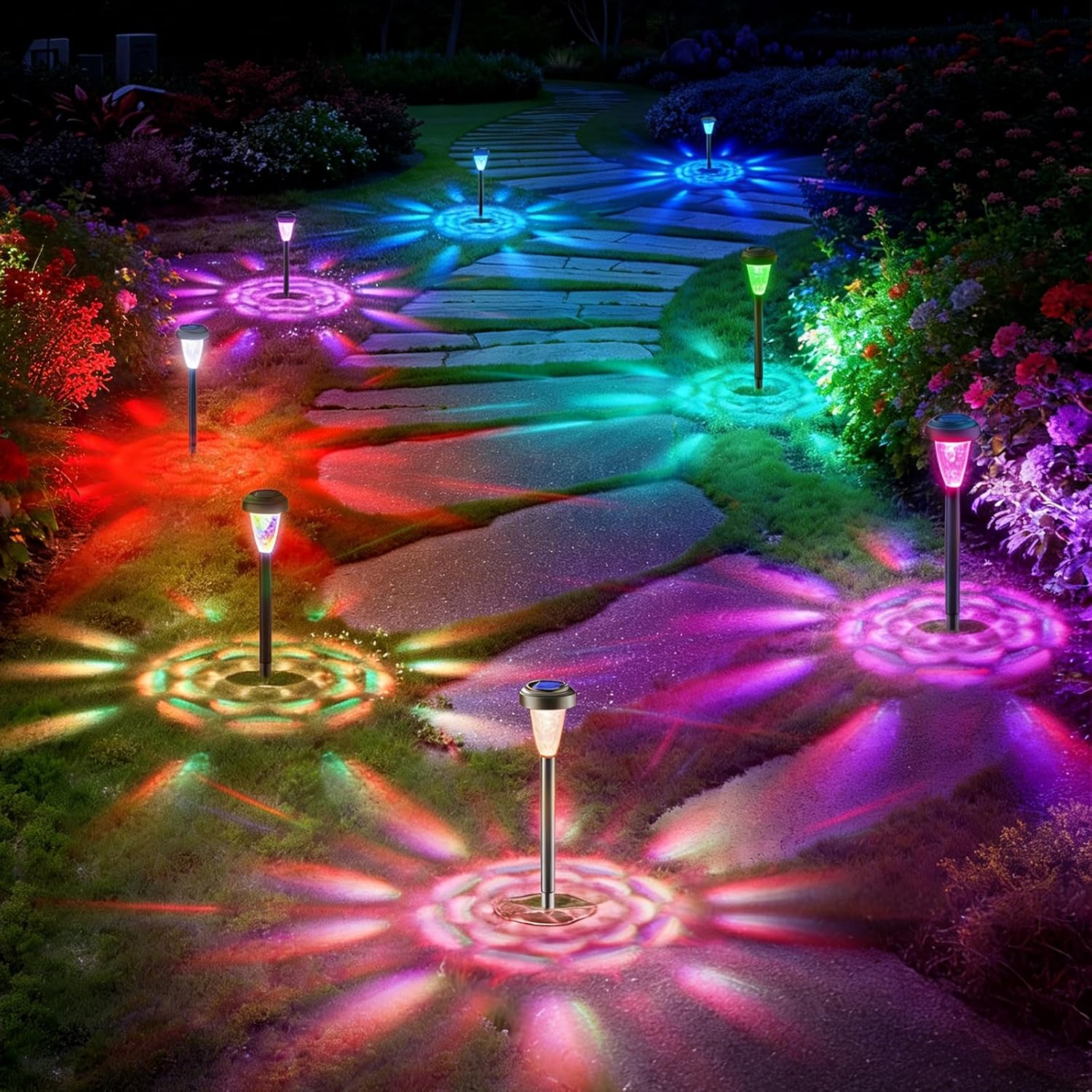 FIFlying Solarleuchten für den Garten im Freien, 8 Stück, LED-Solarleuchten, Garten-Dekorationsbeleuchtung, IP65 wasserdichte Solarlampe für Garten, Außenbereich, Terrasse, Rasen, Hof, Wege – RGB