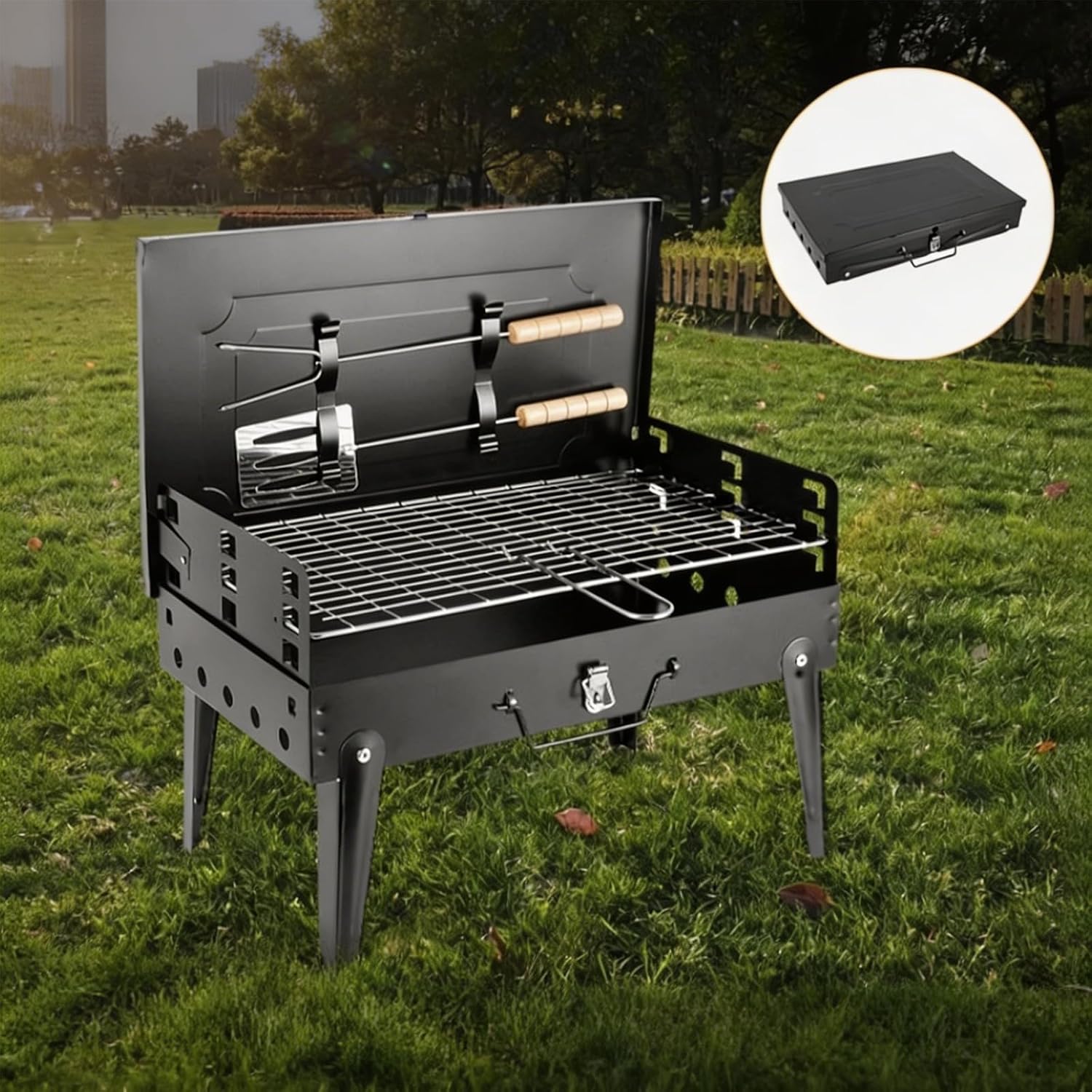 Holzkohlegrill mit Deckel und Kamin, tragbarer Outdoor-Campinggrill-Smoker mit doppelter Luftzufuhr, 2 Holzkohleschalen und Holzgriff für Garten, Terrasse und Picknick – Bild 7