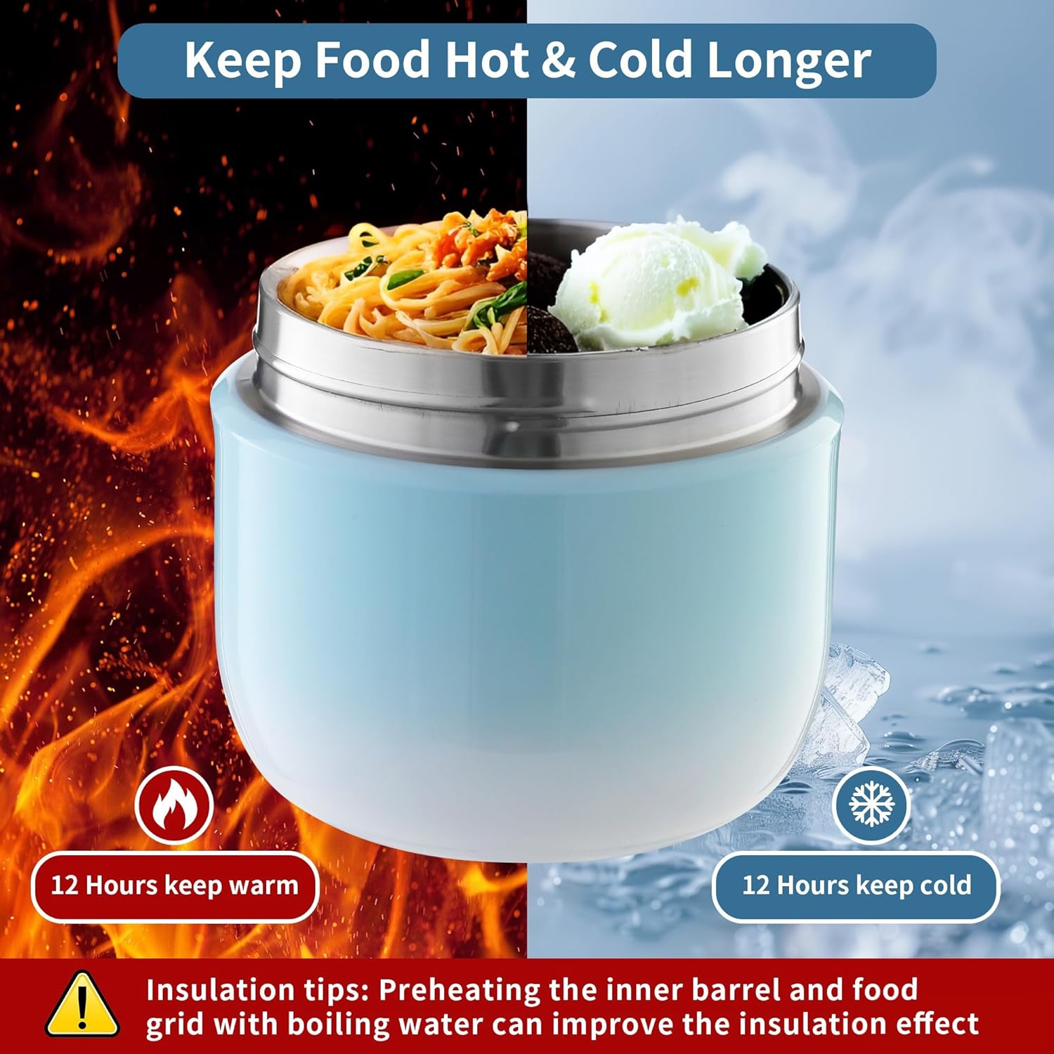 Thermo-Lebensmittelbehälter 1200 ml Fassungsvermögen Warmhaltebehälter Essen Thermoschüssel mit Deckel, Thermo-Brotdose zur Aufbewahrung von Mittagessen, Suppen, Brei (Blau) – Bild 3