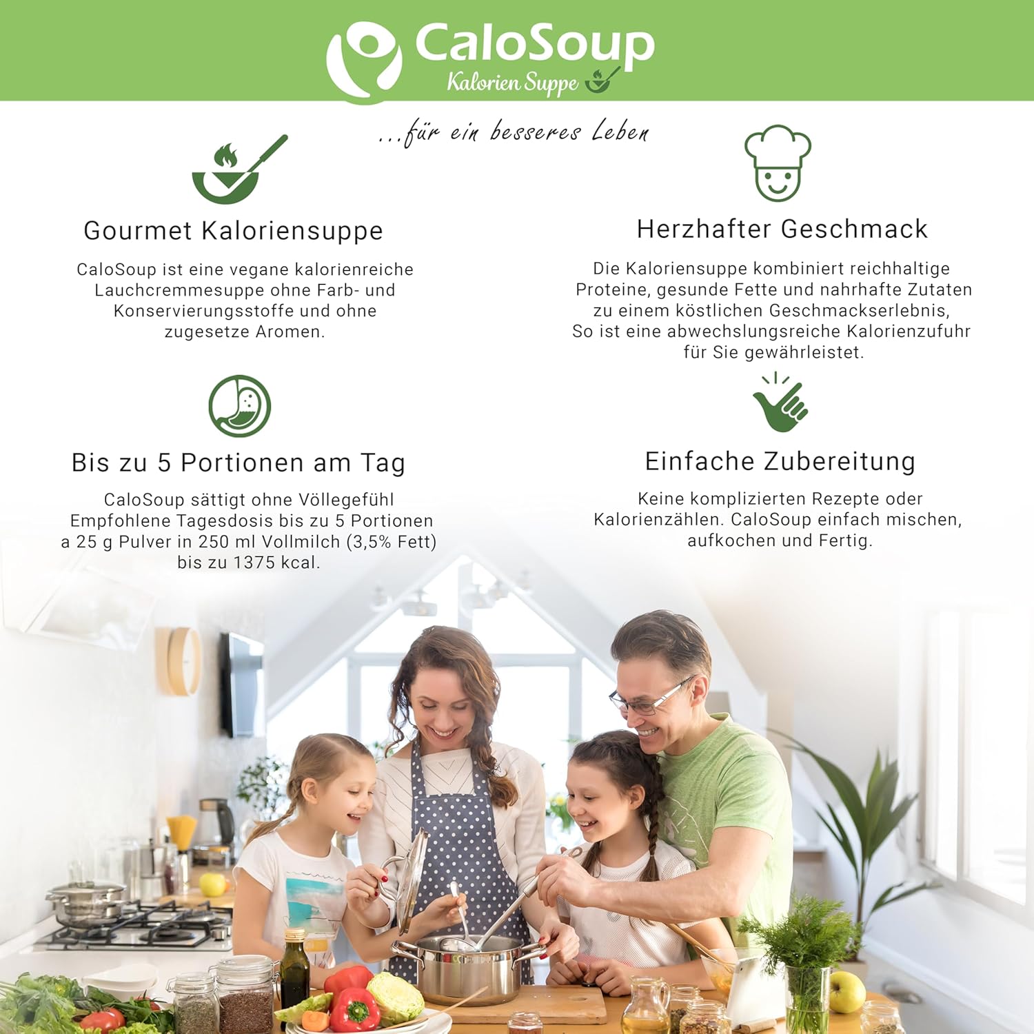 Hochkalorische Suppe zur Steigerung von 20 Portionen | Lebensmittel mit hohem Kaloriengehalt als Fertigsuppe | Fertiggerichte mit Gemüse | Flüssignahrung CaloSoup Kalorien Lauchsuppe (Lauchcreme) 500 g – Bild 6