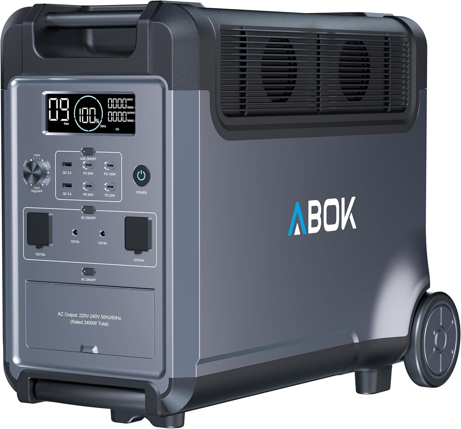 3840 Wh ABOK Ark3600 Tragbare Power Station LiFePO4-Batterie, erweiterbar auf 11520 Wh, 2,1 Stunden 0–100 % Schnellladung, 2000 W AC-Solargenerator mit USV und App-Steuerung für Camping, Notfälle, Wohnmobile und netzunabhängig