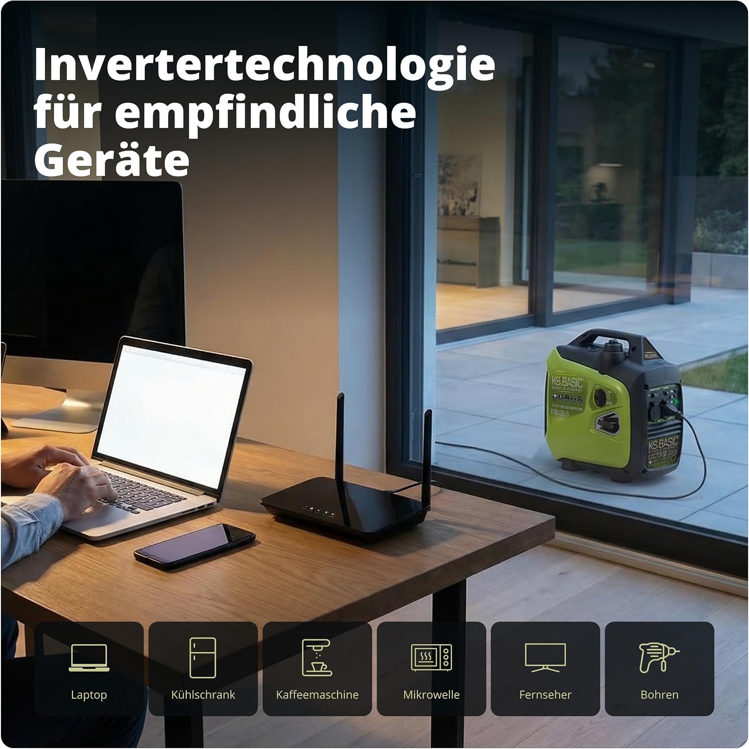 K&S BASIC KSB 22i S Inverter-Generator, Stromerzeuger 2000 W, elektronische Umwandlung, leiser leichter Benzin-Notstromgenerator, Euro-V-Motor, 2 x 16 A (230 V) Steckdosen, ECON-Modus, Schallschutzgehäuse – Bild 3