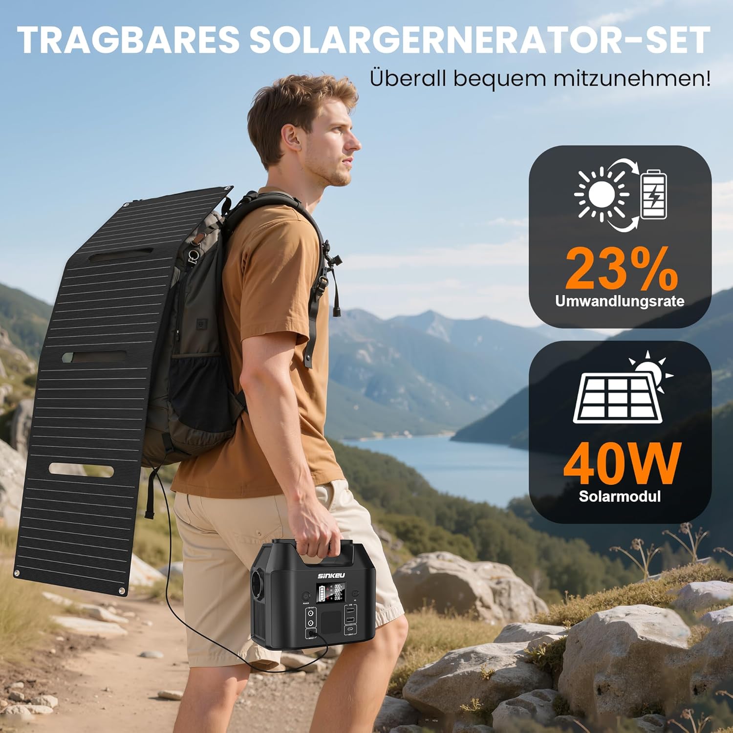 SinKeu 96Wh tragbares Kraftwerk mit 40-W-Solarpanel, 30000-mAh-LiFePO4-Batterie-Solargenerator mit 230-V-150-W-AC-Steckdose/12-V-DC/USB, Notstromversorgung für Camping, Picknicks, Garten, Notfälle – Bild 6