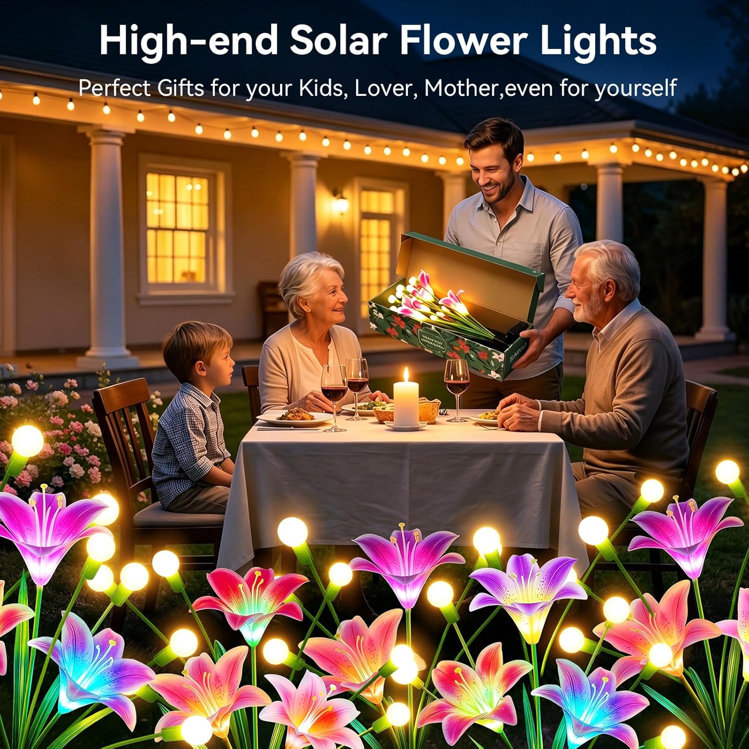 BUCASA Firefly-Solarleuchten für den Garten im Freien, 4 Stück, 36 LEDs, helle Solarleuchten für den Außenbereich mit warmweißen Glühwürmchen und farbigen Lilienblüten, verbesserte schwingende Solar-Gartenleuchten für Wege, Hof, Balkon – Bild 5