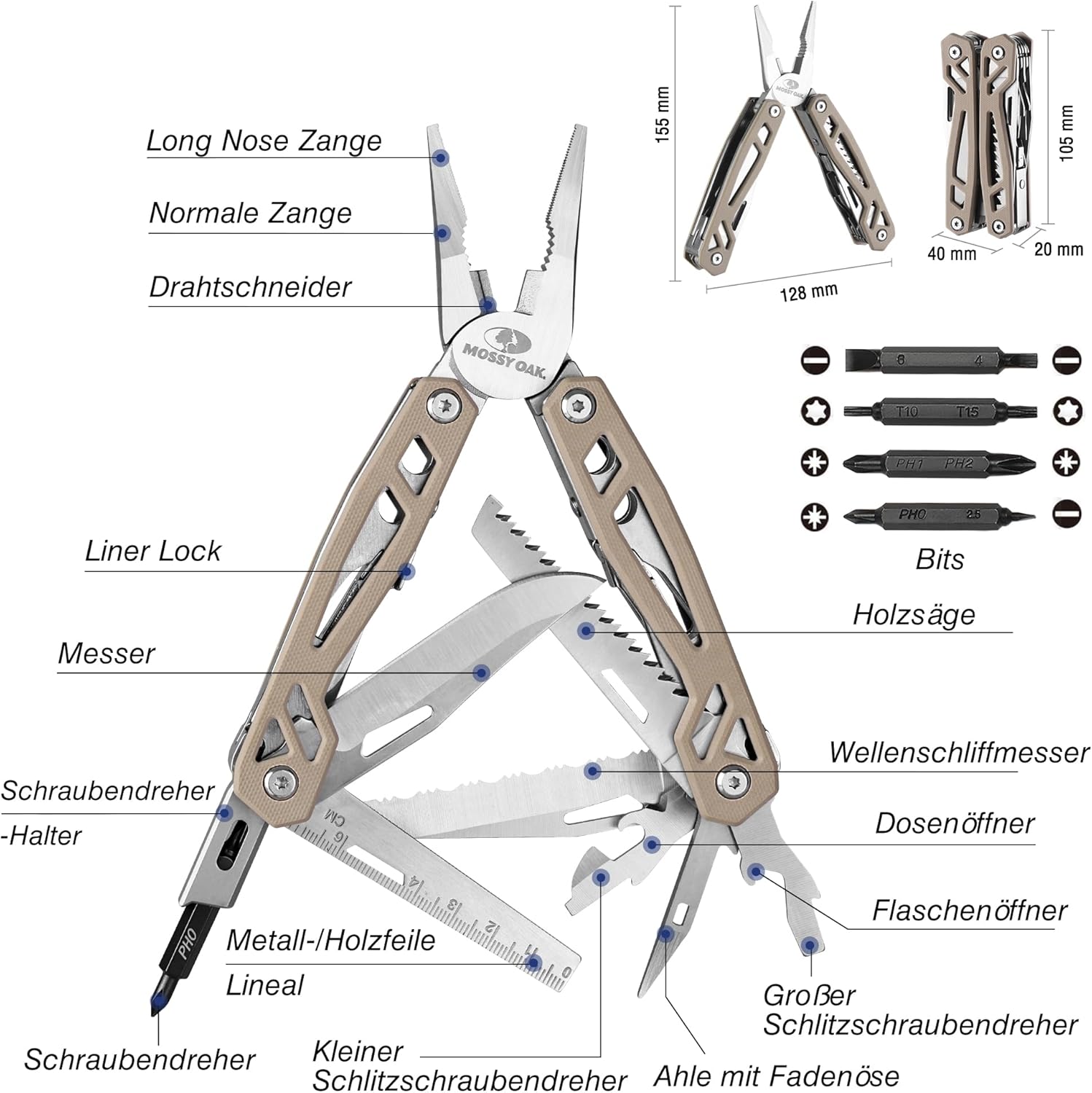 Mossy Oak 22-in-1-Multifunktionszange, Edelstahl-Multitool-Werkzeug, faltbares Multitool mit Bits, Messer, Säge und Lineal, Outdoor-Werkzeug für Camping, Wandern und Reparatur, inklusive Tragetasche, braun – Bild 2