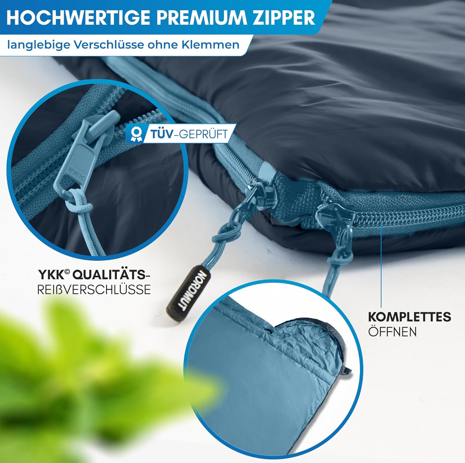 NORDMUT® Deckenschlafsack für Erwachsene mit Zwei-Wege-YKK-Reißverschluss – kleines Packmaß & ultraleicht 1600 g – 3 Jahreszeiten (250 g/m²) – Schlafsack für Camping, Outdoor & Festivals – Bild 3