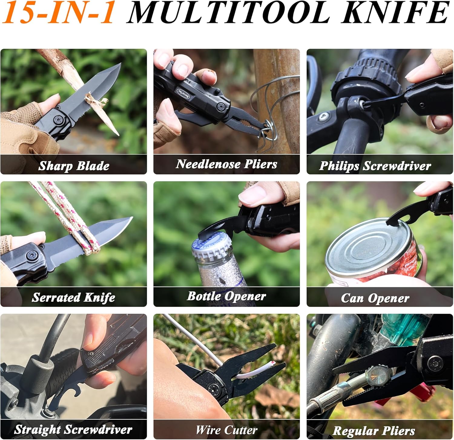 RoverTac Multitool-Taschenmesser, Geschenk für Männer: Klappmesser, Survival-Campingmesser, Zange, Dosenöffner, 9er-Pack Schraubendreher, mit Sicherheitsverschluss-Nylonscheide, Geschenke für Männer, Papa, Ihn – Bild 8