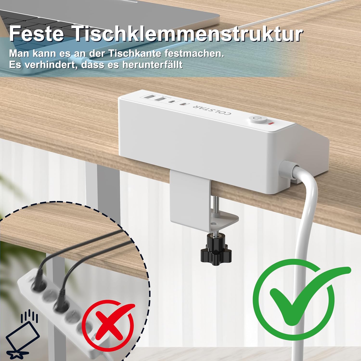 3-fach Steckdosenleiste mit USB-C PD 20 W und Tischklemme | 3 Steckdosen, 2 USB-A und USB-C PD 20W, Tischklemme bis 4,5 cm, 1,8 m Kabel, 16 A/4000 W, Überspannungsschutz – Bild 3