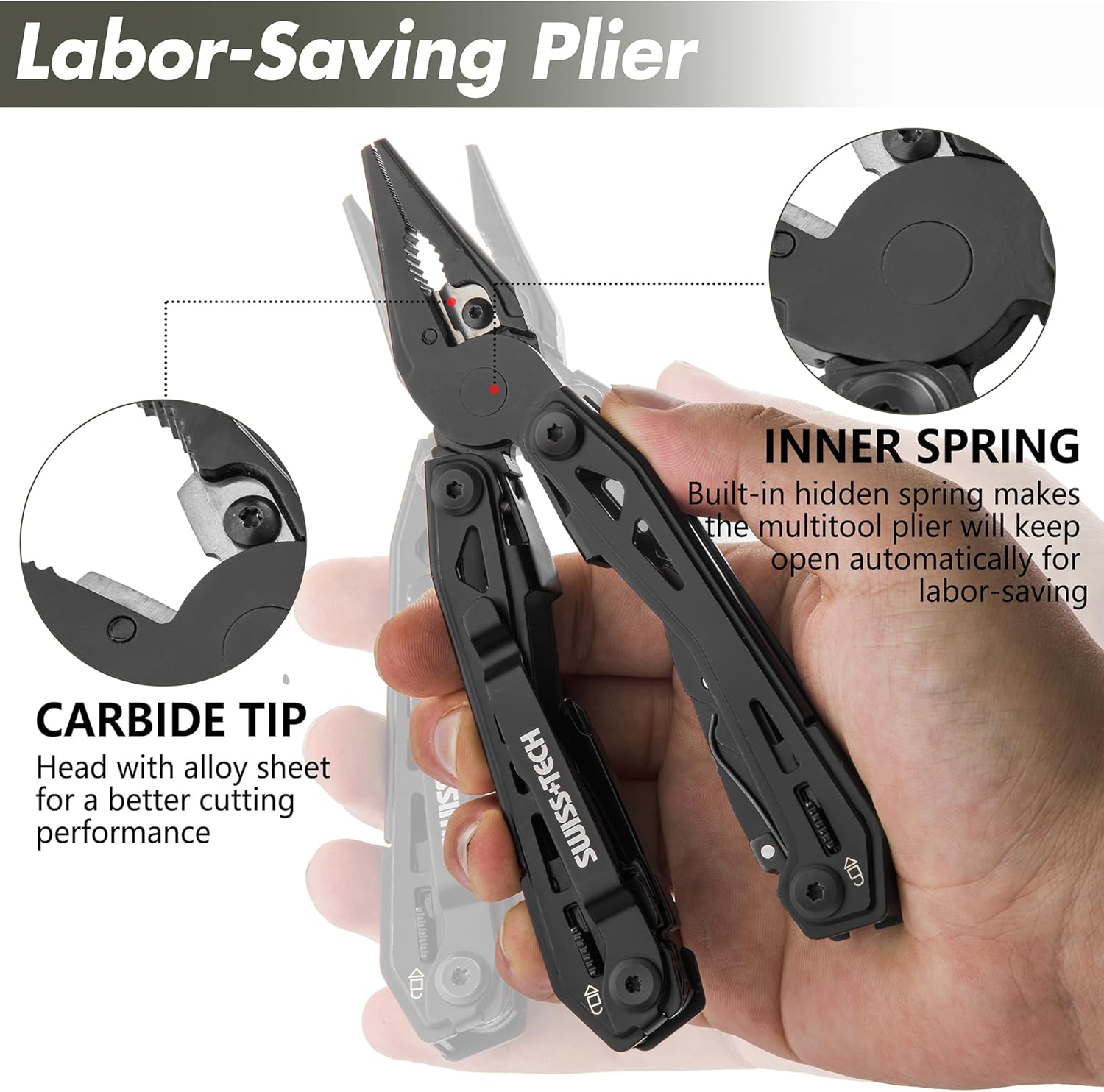Swiss+Tech Multitool 16 in 1 Multifunktionszange aus Edelstahl, faltbar, Multifunktionswerkzeug, Multifunktionszange mit Messer, Flaschenöffner, Gürtelclip für Camping, Reparatur, mit Tragetasche – Bild 5