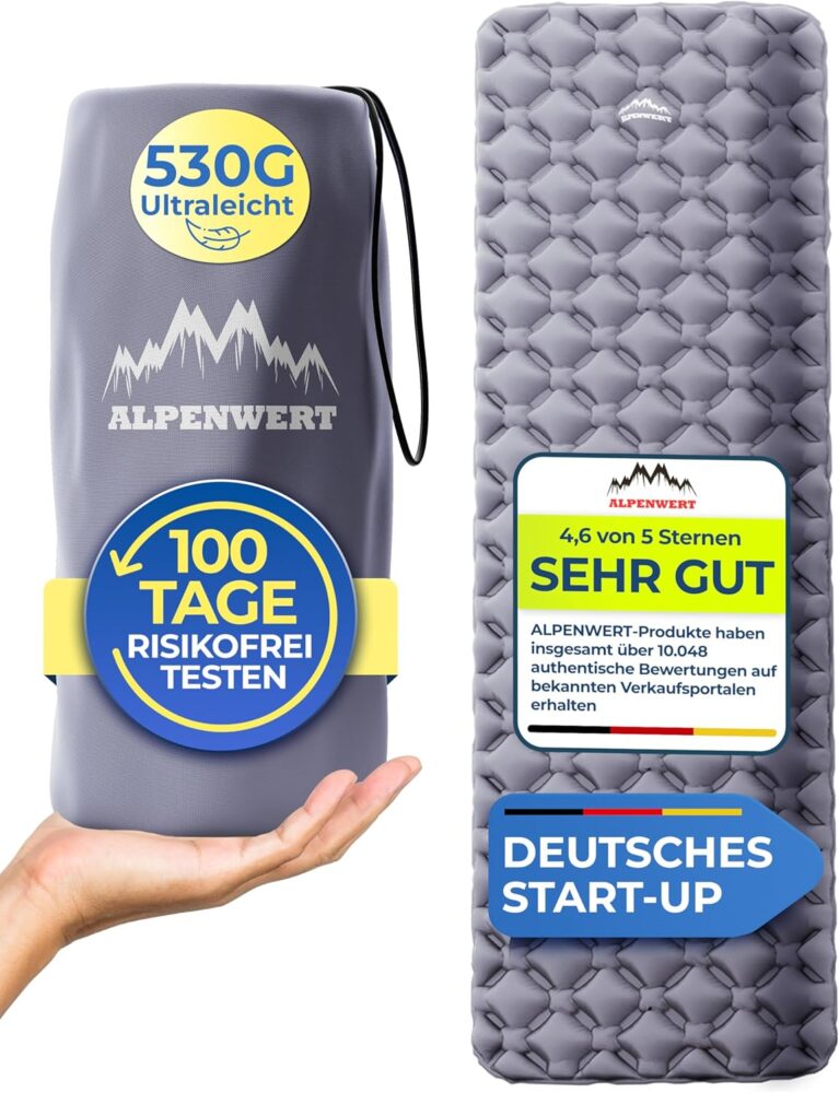 Alpenwert® Outdoor Isomatte (Kleines Packmaß & Ultraleicht) – Testsieger 2026 – Test 100 Tage risikofrei – Aufblasbare Isomatte & Luftmatratze für Camping, Wandern, Trekking & Backpacking