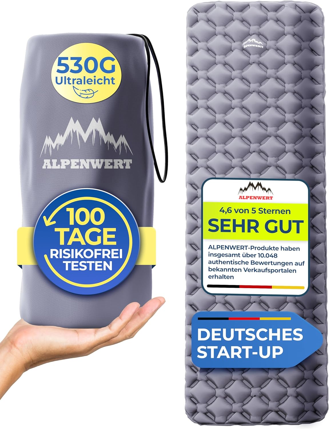 Alpenwert® Outdoor Isomatte (Kleines Packmaß & Ultraleicht) – Testsieger 2026 – Test 100 Tage risikofrei – Aufblasbare Isomatte & Luftmatratze für Camping, Wandern, Trekking & Backpacking