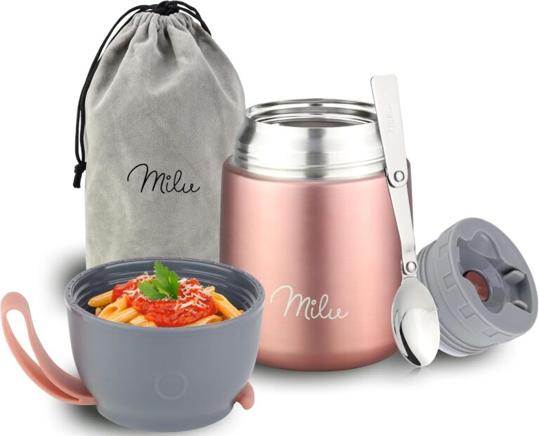 Milu Thermobehälter für Lebensmittel I 450 ml I Warmhaltebehälter aus Edelstahl mit Löffel, Thermobecher Essen, Thermo-Lunchbox für Kinder, Erwachsene, Thermobox Suppen, Babybrei, Essensbehälter Roségold, 450 ml