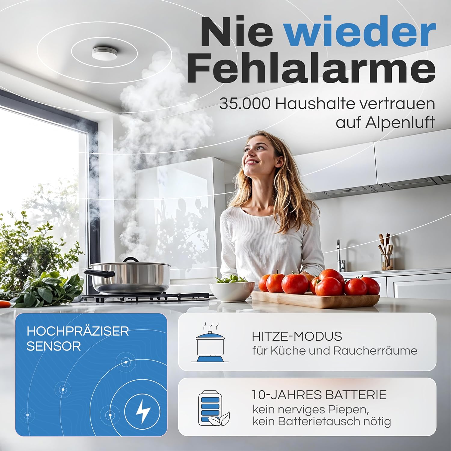 ALPENLUFT Rauchmelder, kabellos, vernetzt, 10-Jahres-Batterie, Rauchmelder & Wärmemelder 2-in-1, Brandmelder, Brandmelder, Funk-Rauchmelder, vernetzbar, ohne Bohren, ohne LED-Blinken, 3er-Set – Bild 4