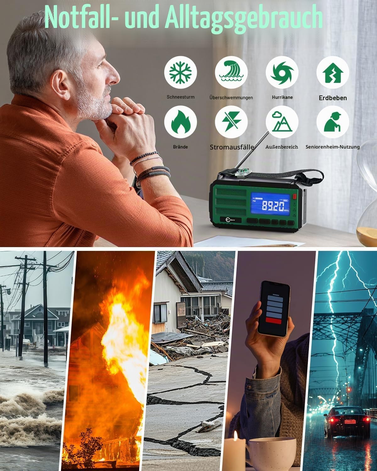 Esky Kurbelradio, 10000 mAh Solar-Notfallradio mit wiederaufladbarem AM/FM-Weltempfänger, USB-Ladegerät, LED-Taschenlampe und Leselicht, SOS-Alarm und Kompass, tragbar für Camping, Notfall, Verdunkelung, Geschenkidee – Bild 8
