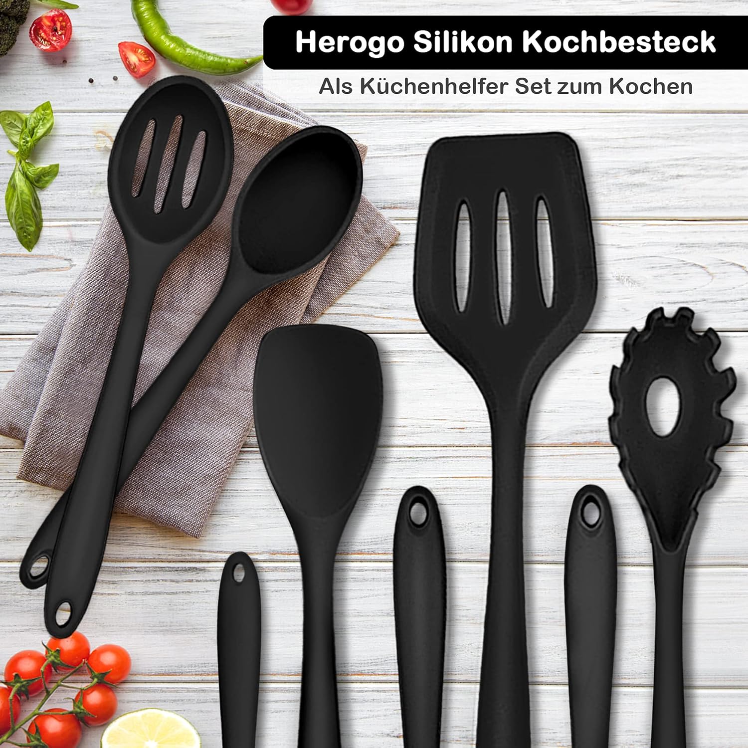 Herogo Küchenutensilien-Set, 8-teiliges Kochbesteck-Set aus Silikon, antihaftbeschichtet, hitzebeständig, Küchenutensilien, Kochgeschirr mit Silikonspatel/Löffel/Spachtel/Schöpfkelle – Schwarz – Bild 6