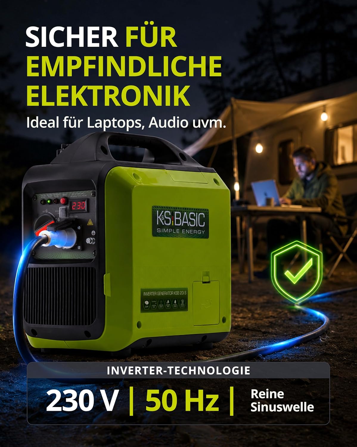 K&S BASIC 20i S Inverter-Generator, 2000 W, Notstromgenerator, Benzingenerator, 230 V, reiner Sinuswellen-Stromgenerator mit Eco-Modus, LED-Anzeige, 1,8 kW Nennleistung, tragbar, für Camping, Zuhause – Bild 4