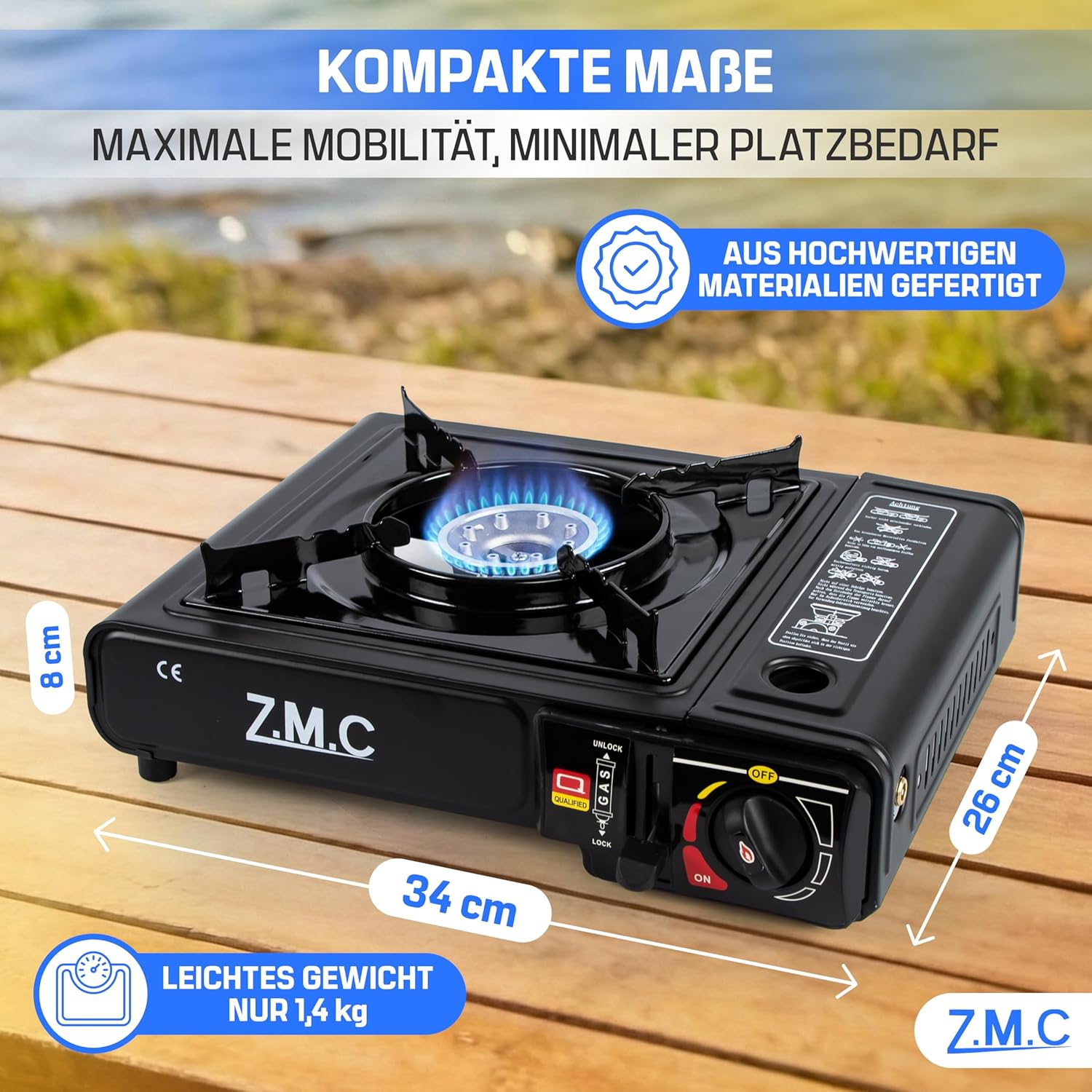 ZMC Gaskocher 1-flammig 2,2 kW Campingkocher mit Piezo-Zündung, Transportkoffer & LPG-Adapter optional mit Gaskartuschen 227 g & Grillplatte für Camping, Outdoor & Notfall – Bild 2