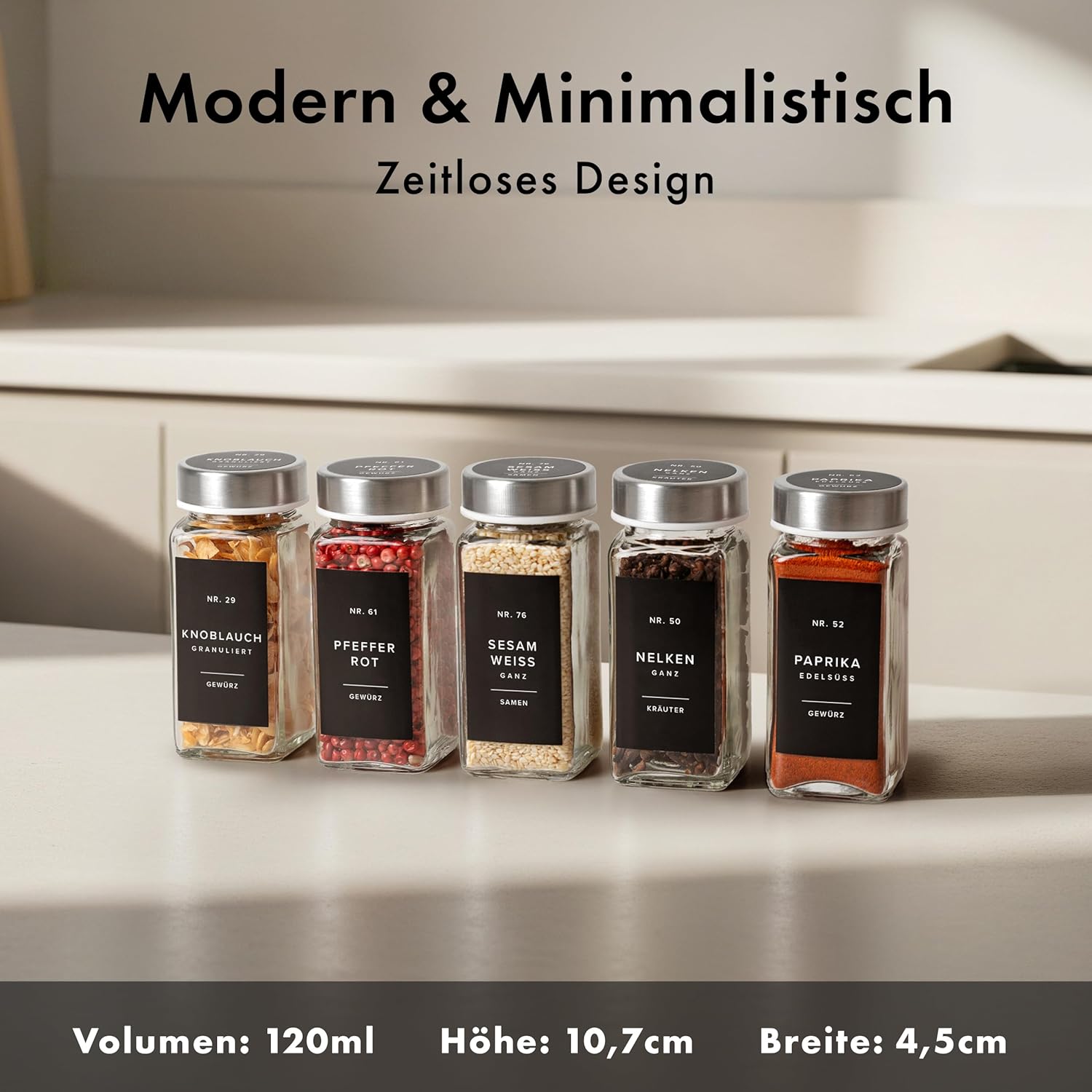 EDELHAUS Quadratisches Gewürzdosen-Set mit Edelstahldeckel (24 x 120 ml), Gewürzstreuer mit Streueinsatz und 240 Etiketten schwarz – hochwertige Gewürzbehälter, Gewürzdosen, Gewürz-Organizer (10,7 cm x 4,5 cm) – Bild 2