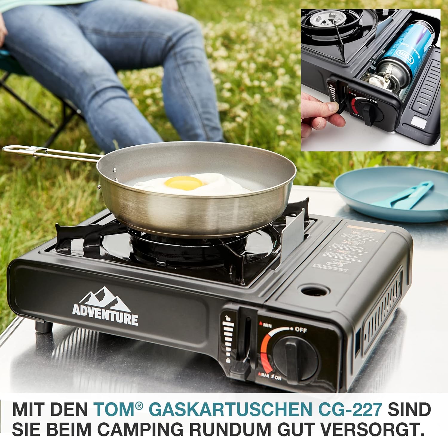 TOM 8 x 12 x oder 28 x Butangaskartuschen 227 mit MSF-1A Bajonettventil – Die Butangaskartuschen sind ideal für Campingkocher, Gaslampe usw. oder für Unkrautbrenner, Flächenbrenner – Bild 8