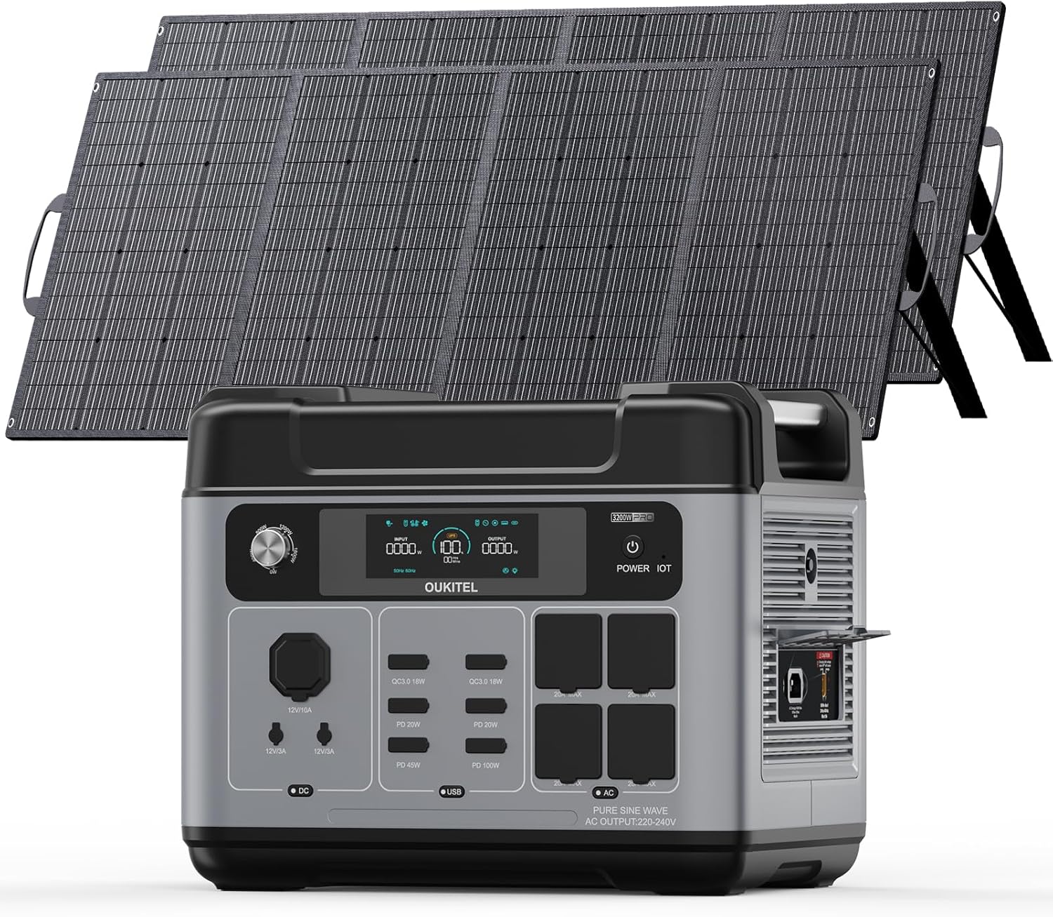 OUKITEL Solargenerator 3200 W mit 2 x 200 W Solarpanel, 2048 Wh tragbares Kraftwerk (6400 W Peak), LiFePO4-Akku, 220 V-240 V, 1 Stunde Schnellladung, für Outdoor-Camping, Reisen, Stromausfälle