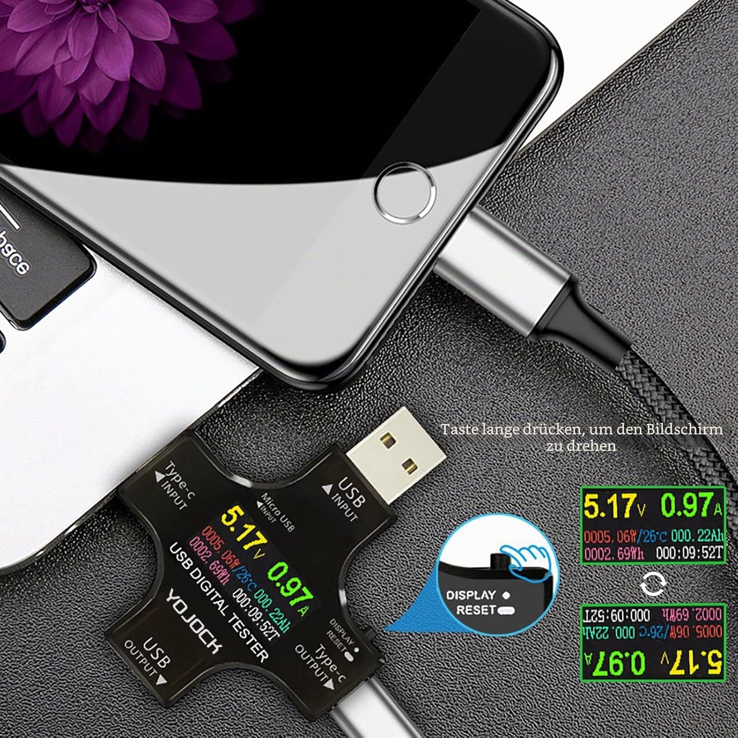 USB-Tester-Messgerät, 2-in-1-USB-C-Strommessgerät, digitales Multimeter, Strommessgerät, Leistungsmesser, Spannung, Voltmeter, Strom, Leistungskapazitätsdetektor – Bild 8