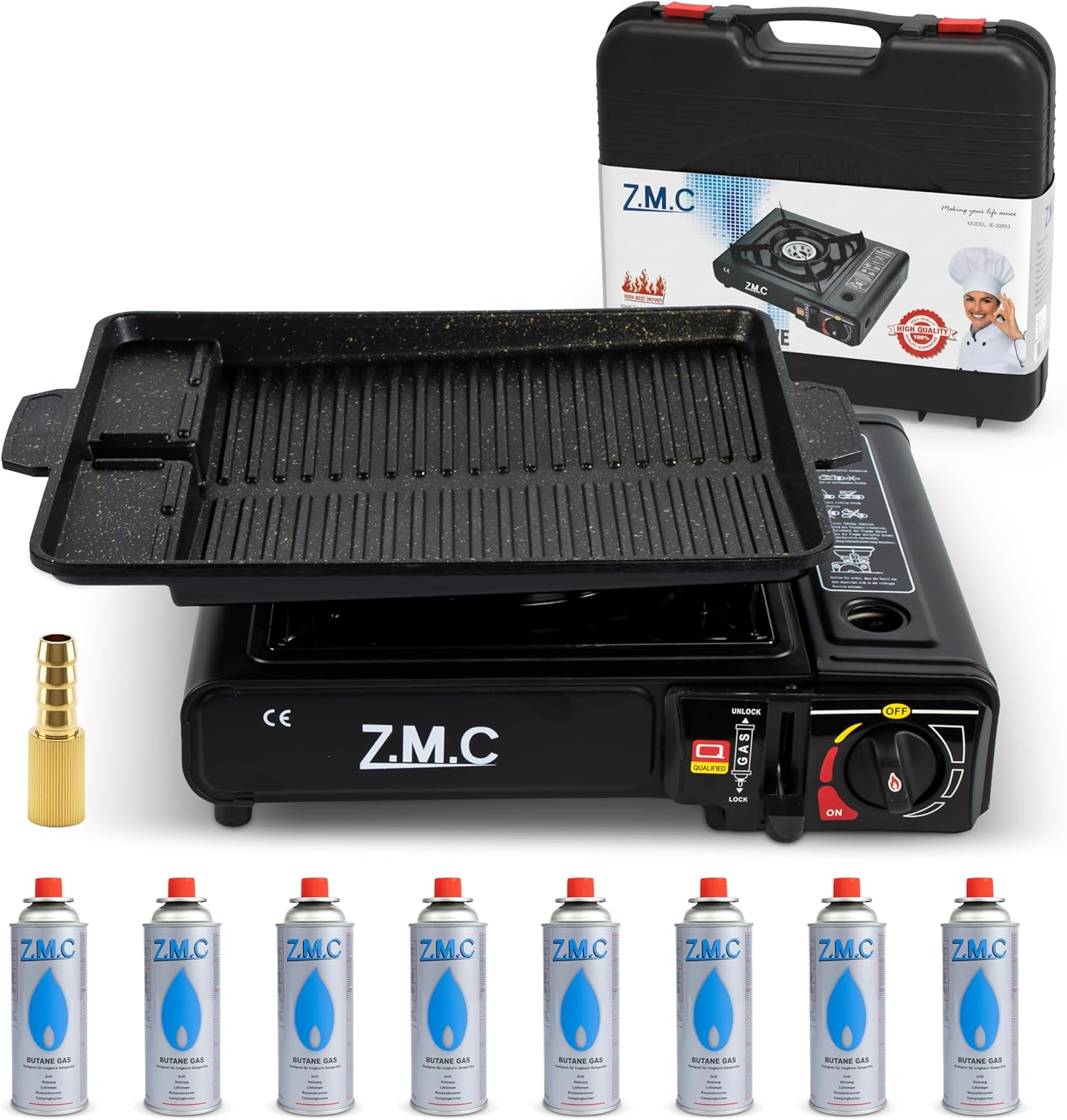 ZMC Gaskocher 1-flammig 2,2 kW Campingkocher mit Piezo-Zündung, Transportkoffer & LPG-Adapter optional mit Gaskartuschen 227 g & Grillplatte für Camping, Outdoor & Notfall