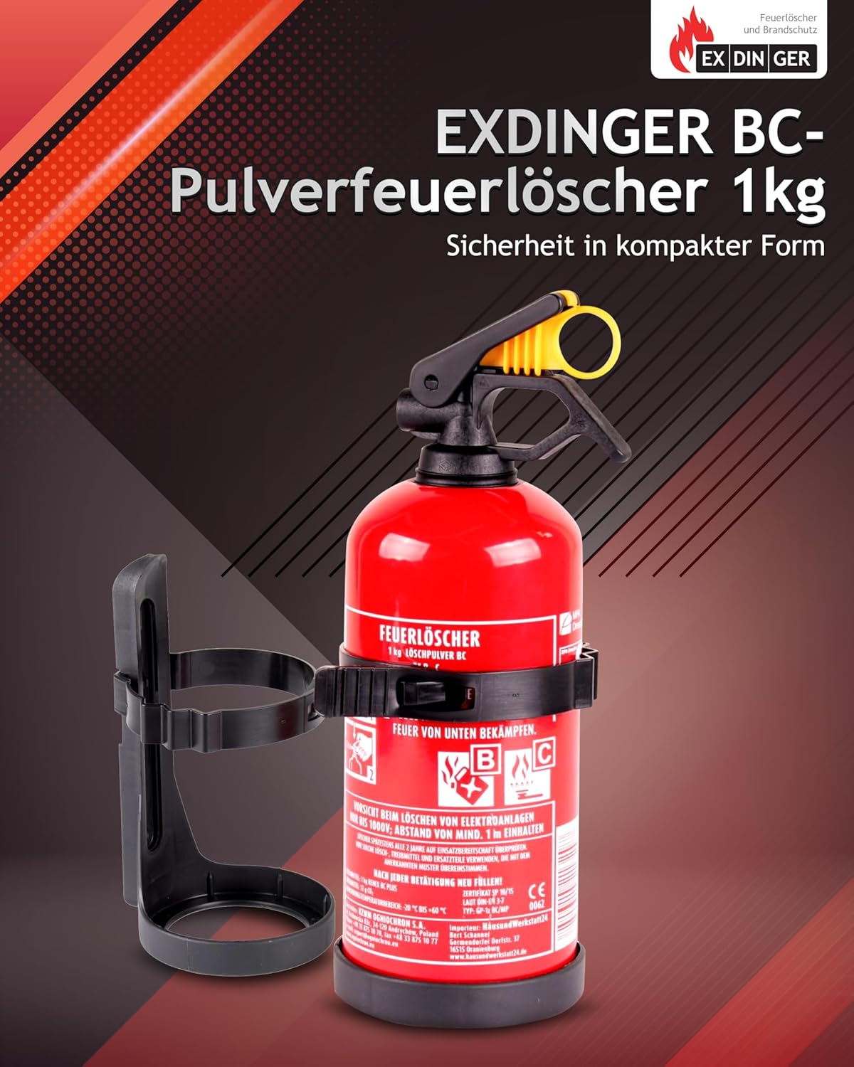 EXDINGER BC Pulver Auto Feuerlöscher 1 kg (Ladelöscher GP-1Z BC Halter Sicherheitskeil) – Bild 2