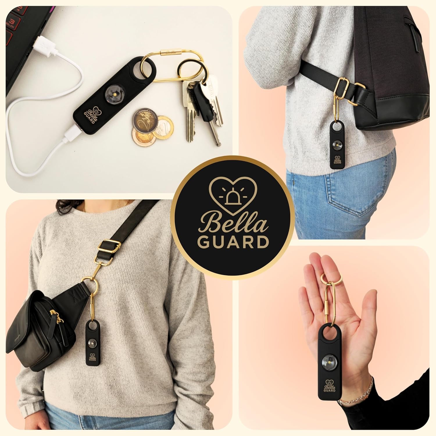 Bella Guard Taschenalarm – SOS-Notruffunktion über Bluetooth, Sirene 130 dB lautes LED-Blitzlicht, wiederaufladbarer Akku, Alarm für Frauen unterwegs zum Selbstschutz (schwarz) – Bild 9