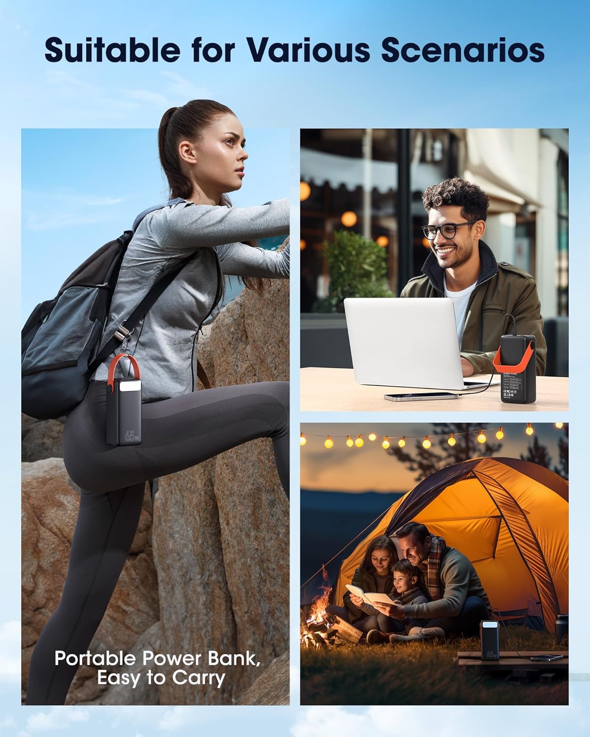 65W Powerbank 60000mAh große Kapazität, USB C Schnelllade-Powerbank, 3 Ausgänge, tragbare externe Handy-Kokosnuss für Camping, Outdoor, kompatibel mit Laptop, Smartphone, Tablet – Bild 9