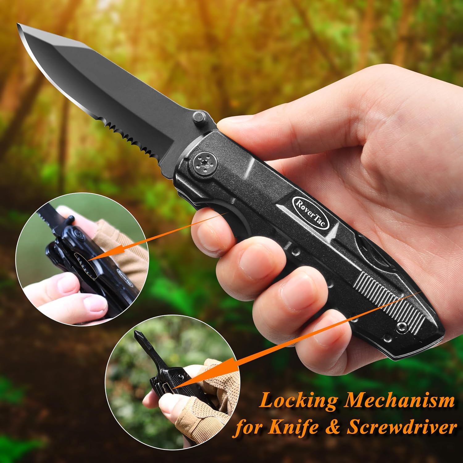 RoverTac Multitool-Taschenmesser, Geschenk für Männer: Klappmesser, Survival-Campingmesser, Zange, Dosenöffner, 9er-Pack Schraubendreher, mit Sicherheitsverschluss-Nylonscheide, Geschenke für Männer, Papa, Ihn – Bild 4