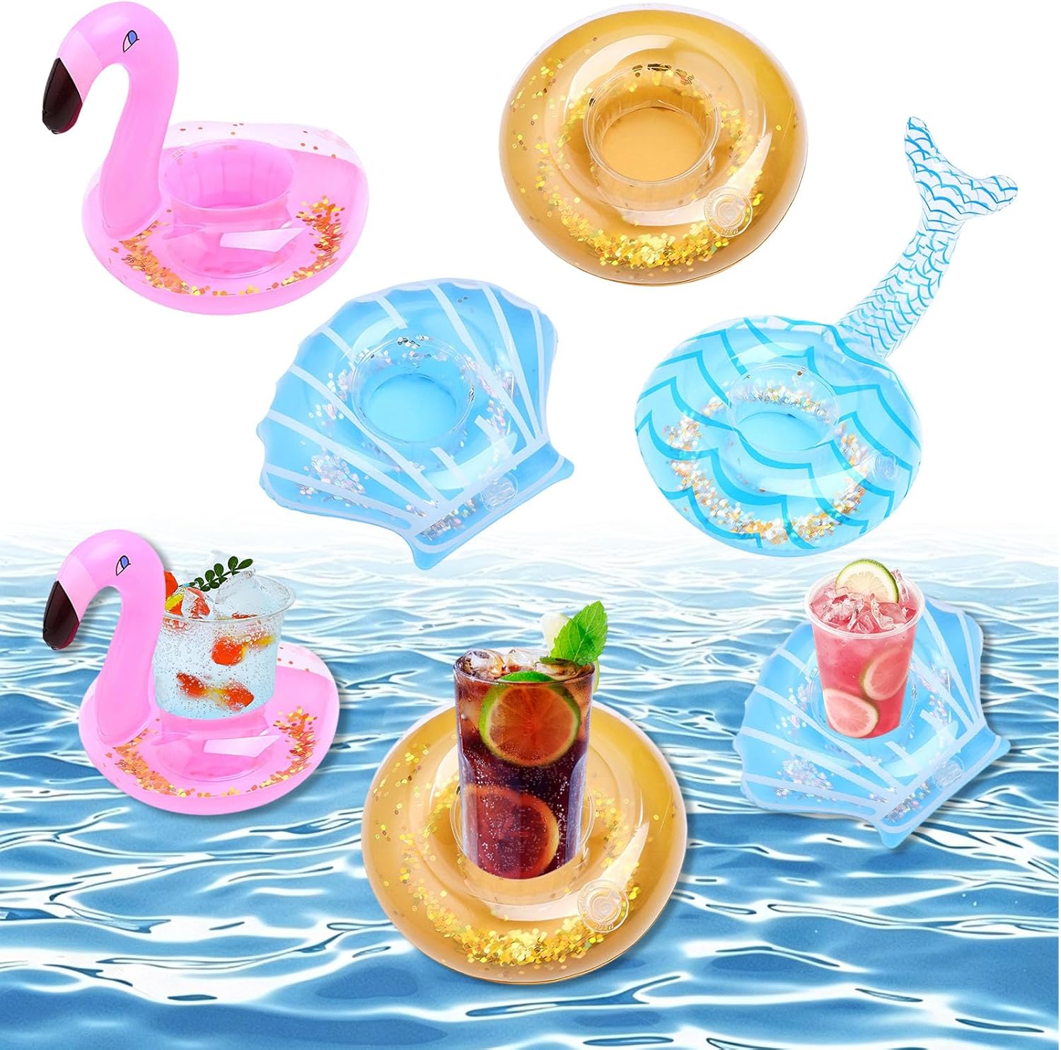Xerteam 4 Stück aufblasbarer Getränkehalter Pool, Gliter aufblasbarer schwimmender Getränkehalter mit Luftpumpe, Flamingo aufblasbarer schwimmender Tier-Getränkehalter für Sommerpool und Hawaii-Party