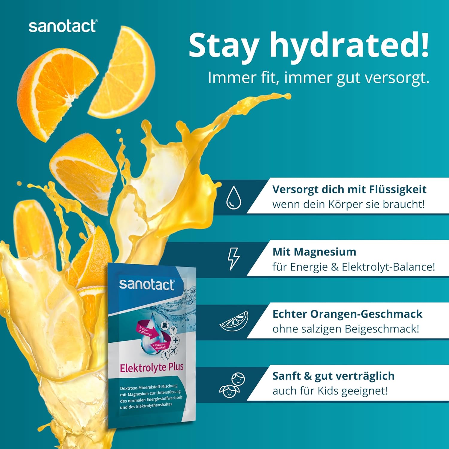 sanotact Electrolyte Plus (20 Beutel) • Elektrolytpulver für den Flüssigkeitshaushalt • Kalium & Magnesium für den Elektrolythaushalt • 100 % vegan • Erholungsgetränk • Orangengeschmack – Bild 3