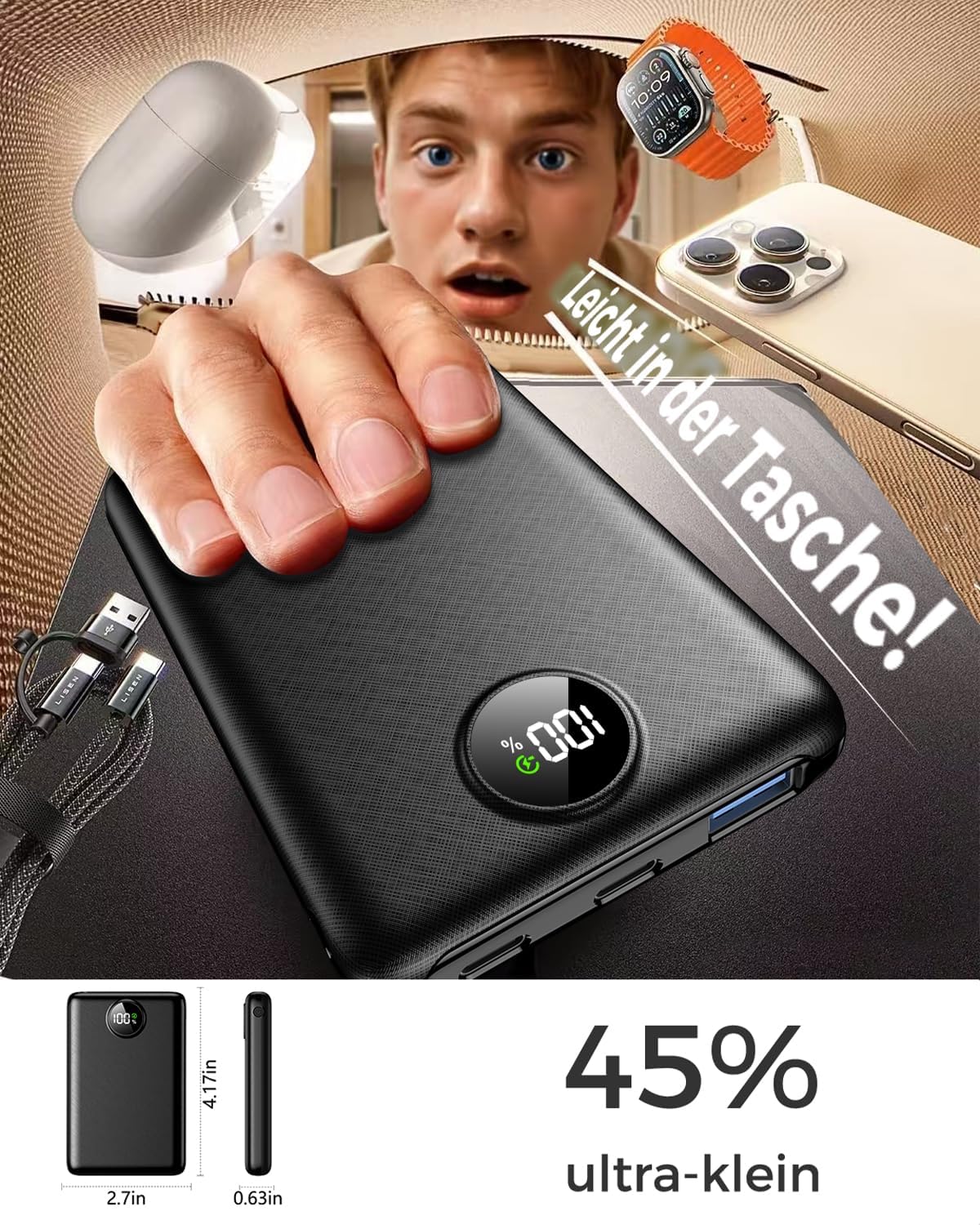 Powerbank 10000 mAh, 22,5 W Schnelllade-Powerbank mit USB-C-Eingang und -Ausgang, externer 3-Port-Akku für iPhone 17 16 15 14 13 12 Pro Max und mehr – Bild 2