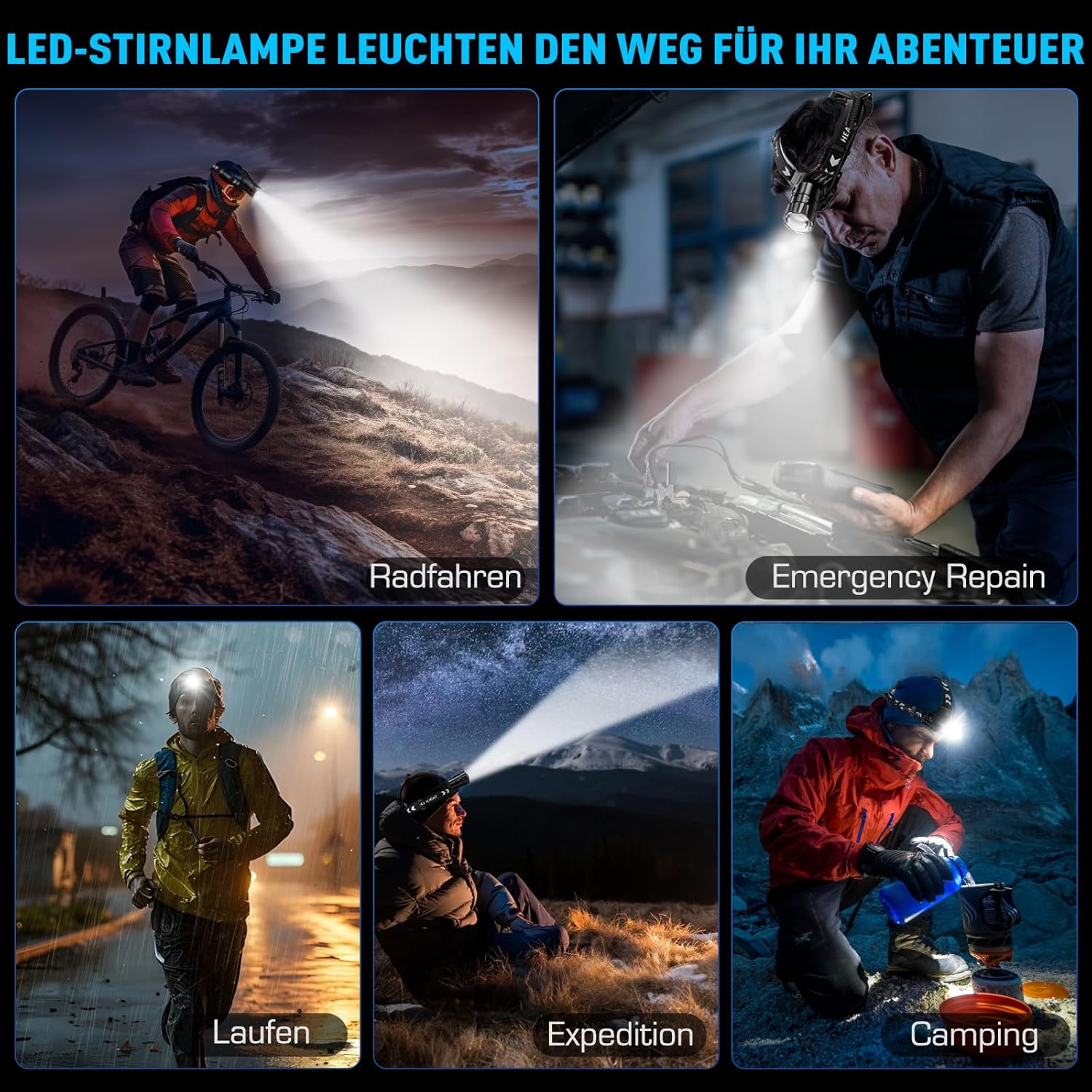 Glarylight LED wiederaufladbare Stirnlampe, superhelle 120.000 Lumen, komfortable Stirnlampe mit 5 Modi, IPX7 wasserdicht & 9000 mAh Akku & zoombar, 120° verstellbare Stirnlampen für Camping, Angeln, Outdoor – Bild 8