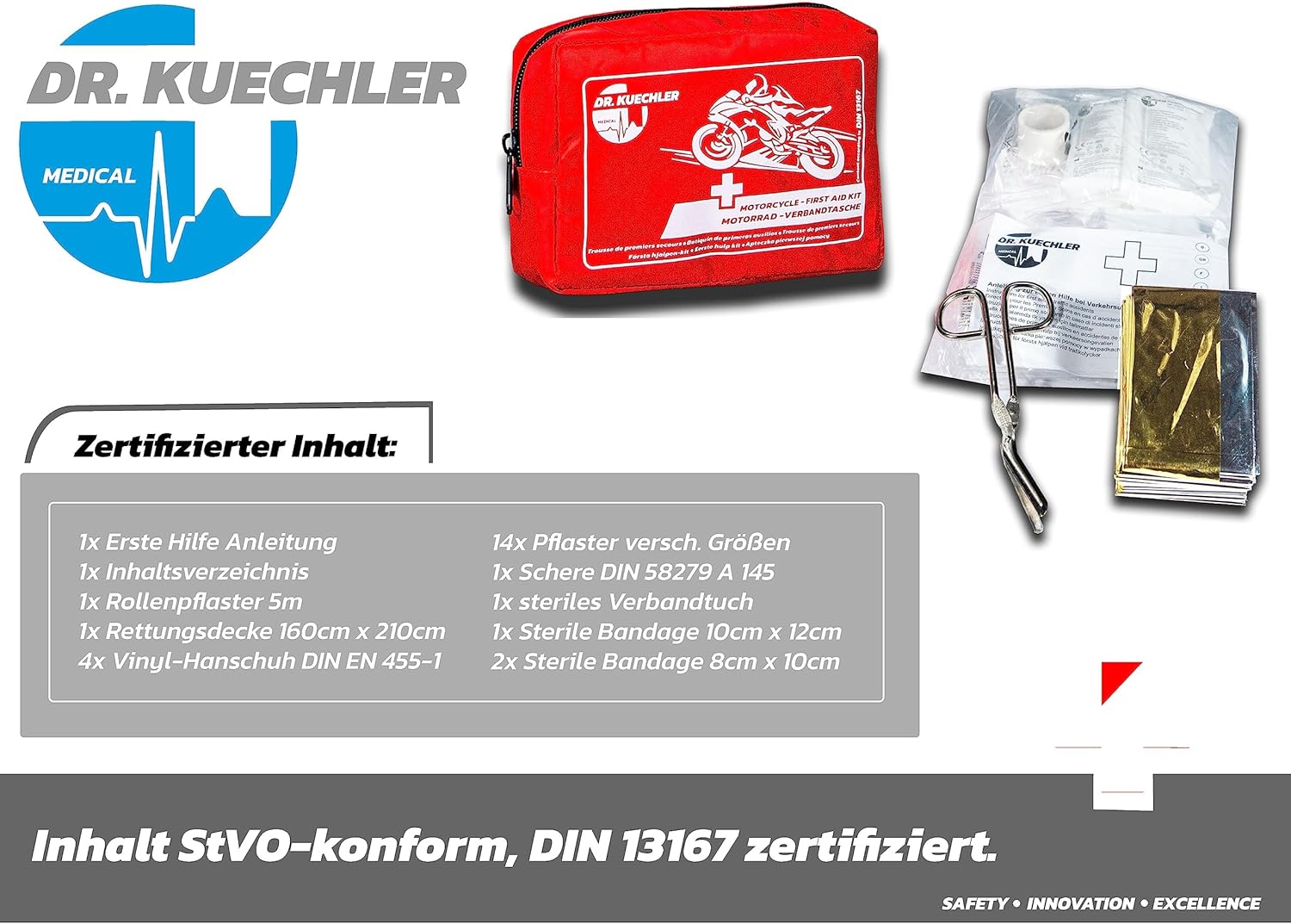 Dr. KUECHLER Medical Motorrad, Quad, Vespa, Fahrrad-Verbandskasten, Mini-Motorrad-Set, Verbandstasche, neueste DIN-Norm, für TÜV-Prüfung, Verbandskasten Motorrad, Motorradzubehör – Bild 3