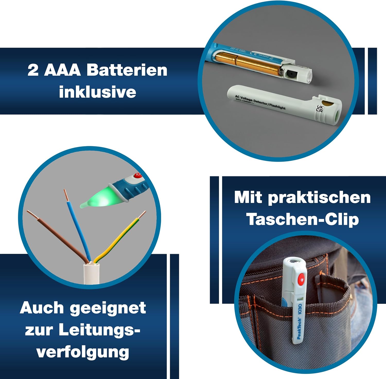 Peak Tech P 1030 – Kontaktloser Wechselspannungsprüfer mit LED-Lampe, 50 – 1000 V AC Arbeitsbereich, berührungsloser Spannungsprüfer, Prüfgerät, Stift-Handmultimeter, akustisches Signal – 157 x 26 mm – Bild 7