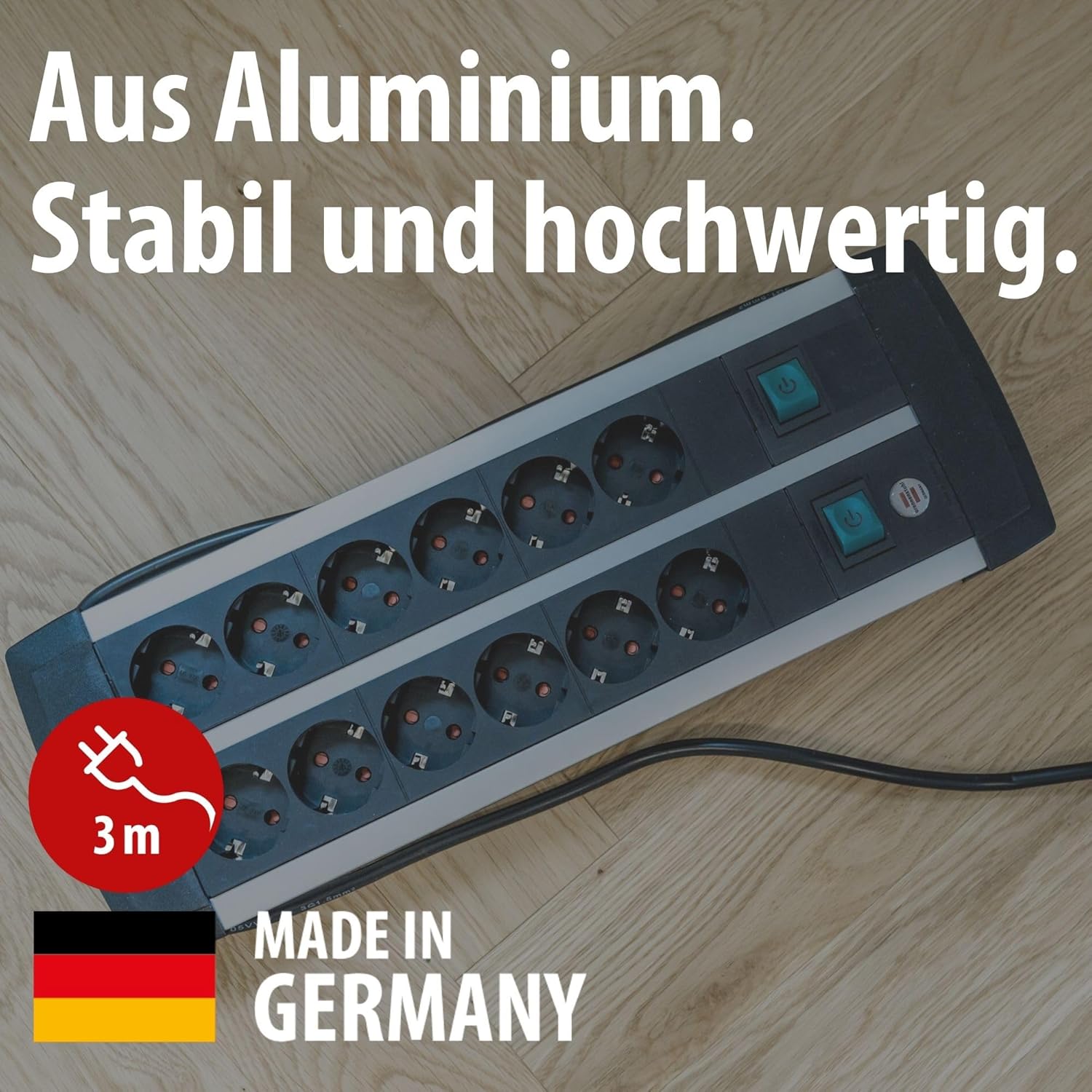 Brennenstuhl Premium Aluminium Line Steckdosenleiste | Mehrfachsteckdose aus hochwertigem Aluminium mit 2 Schaltern für je 6 Steckdosen, hergestellt in Deutschland – Bild 2