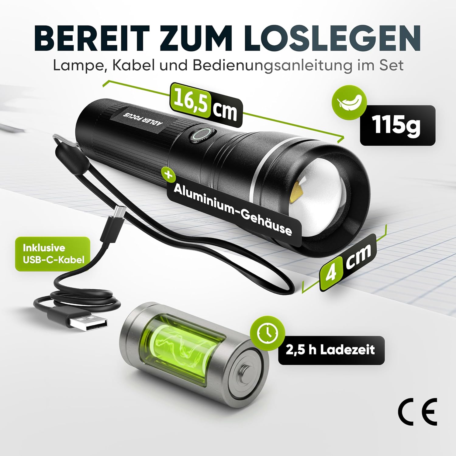 Taschenlampe | LED wiederaufladbar 1000 Lumen | Fokussierbare Strahlreichweite von 600 Metern | 22 Stunden Lichtzeit | Für Camping, Wandern (Energieklasse A) – Bild 7