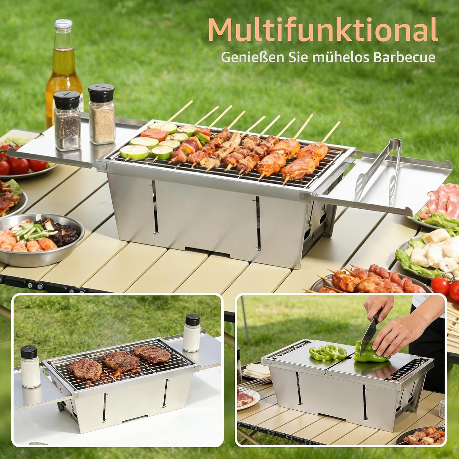 Uten Tragbarer faltbarer Grill, Holzkohlegrill aus Edelstahl mit Aufbewahrungstasche und Handschuhen, Tischgrill für Garten, Strand, Camping, Wandern, Picknicks und Reisen – Bild 7