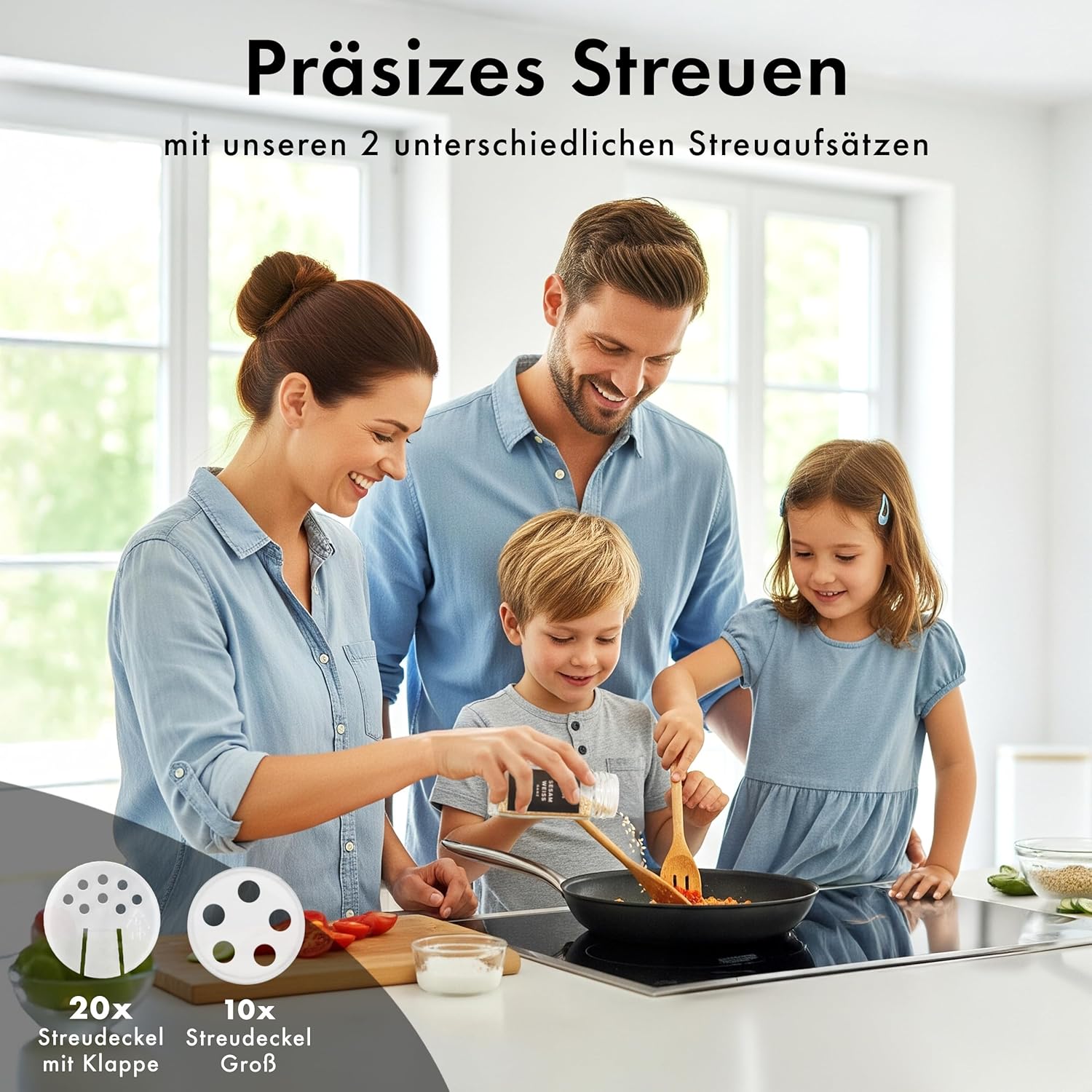 EDELHAUS Quadratisches Gewürzdosen-Set mit Edelstahldeckel (24 x 120 ml), Gewürzstreuer mit Streueinsatz und 240 Etiketten schwarz – hochwertige Gewürzbehälter, Gewürzdosen, Gewürz-Organizer (10,7 cm x 4,5 cm) – Bild 4