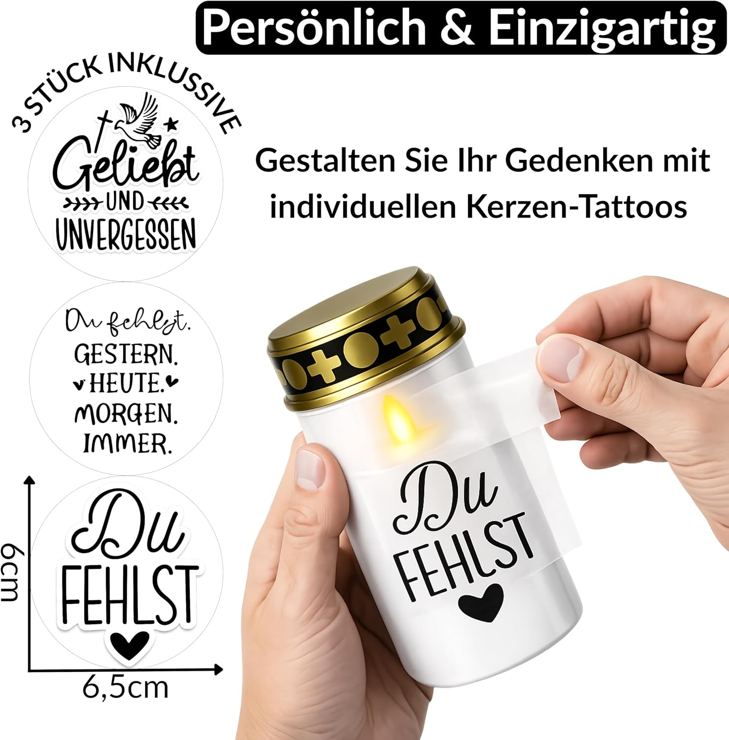 Grablichter LED mit Batterie I Grabkerzen wetterfest für den Außenbereich mit Flackereffekt I Friedhofskerzen bis zu 6 Monate Leuchtdauer I Stilvolle Gedenkkerze inklusive 3 Aufklebern zur Gestaltung I Drytogo – Bild 3